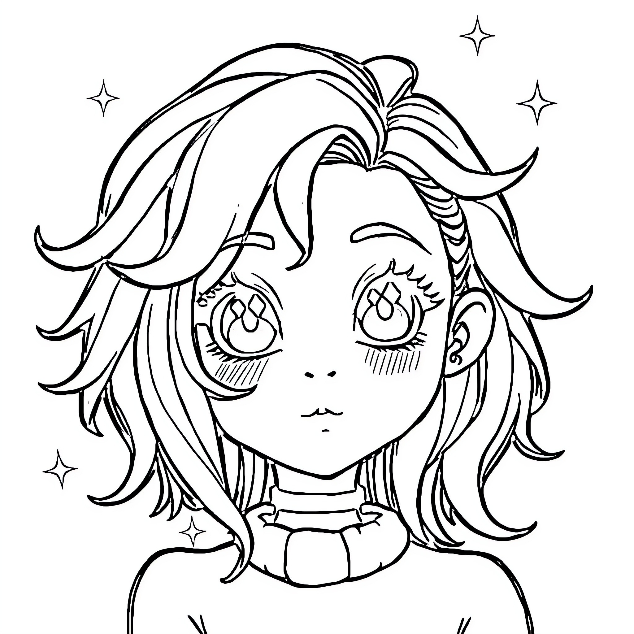 Character with Anime-style Features and Hairstyle Coloring Page (free black-and-white line drawing printable PDF for all, from beginners to advanced learners, including children, teens, adults, and seniors)