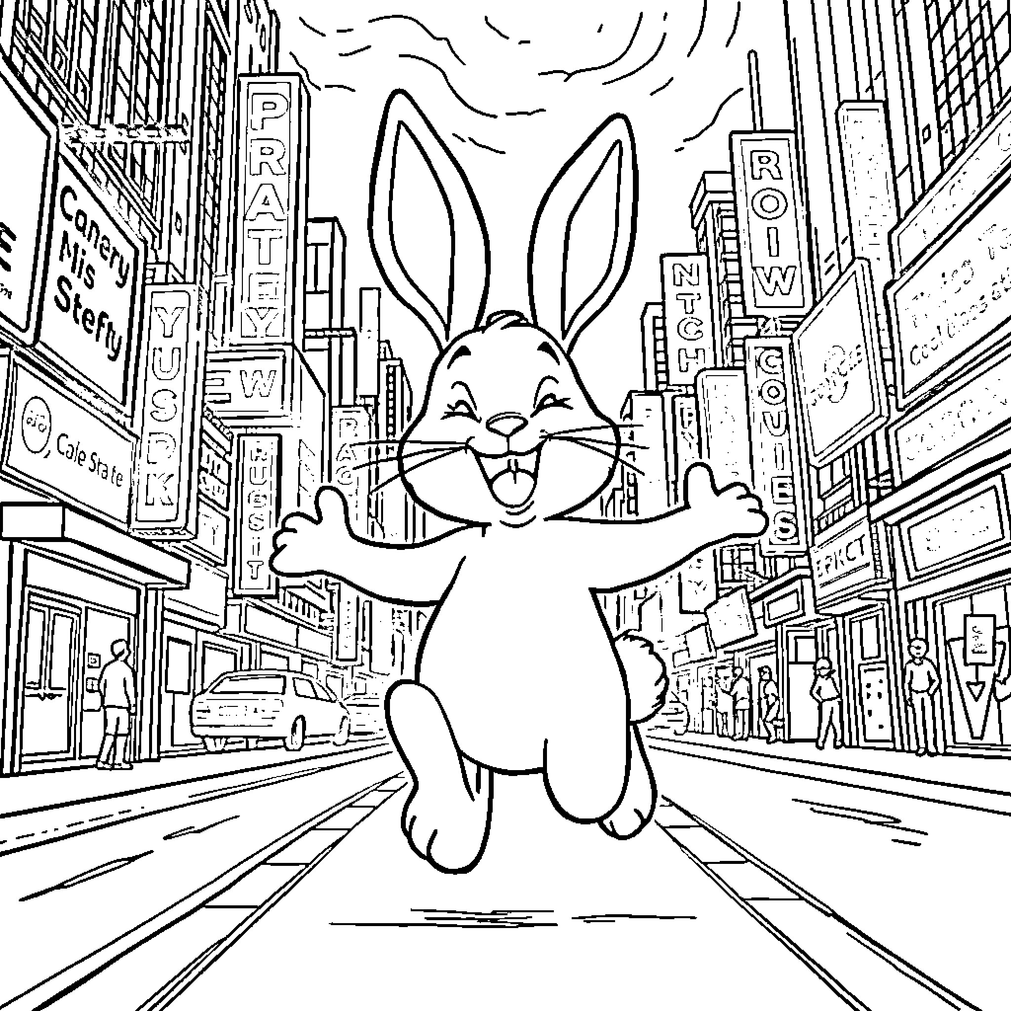 Bunny bouncing through the bustling city streets Coloring Page (free black-and-white line drawing printable PDF for all, from beginners to advanced learners, including children, teens, adults, and seniors)