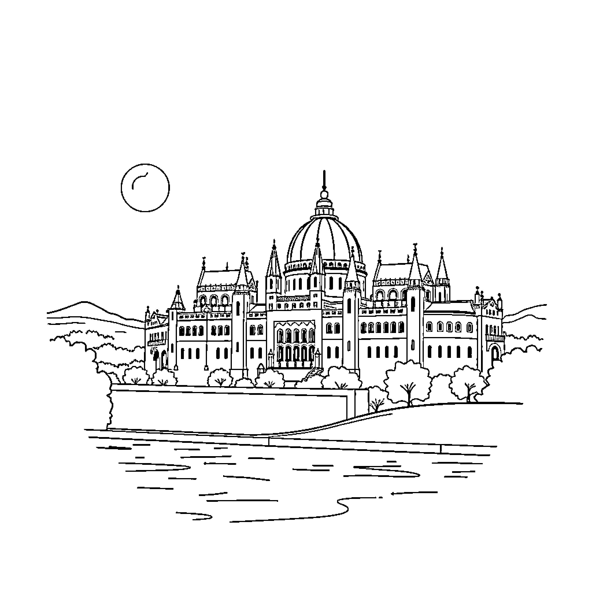 Train traveling past majestic architectural landmarks Coloring Page (free black-and-white line drawing printable PDF for all, from beginners to advanced learners, including children, teens, adults, and seniors)