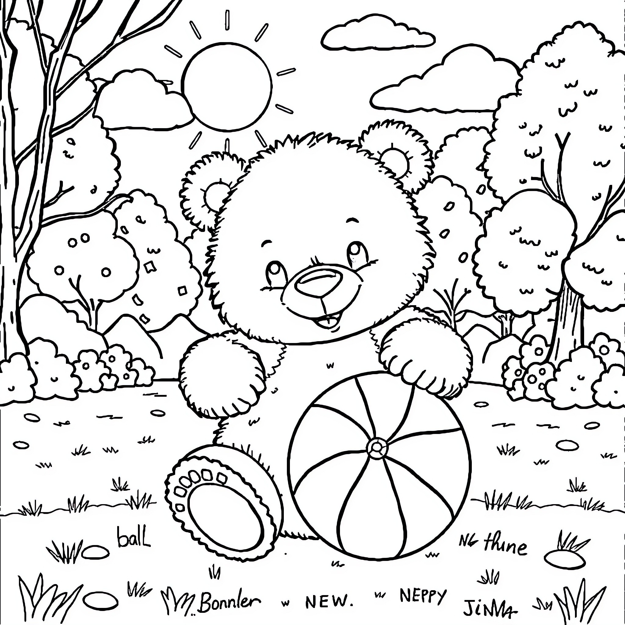 Bear playing happily with ball in the park Coloring Page (free black-and-white line drawing printable PDF for all, from beginners to advanced learners, including children, teens, adults, and seniors)