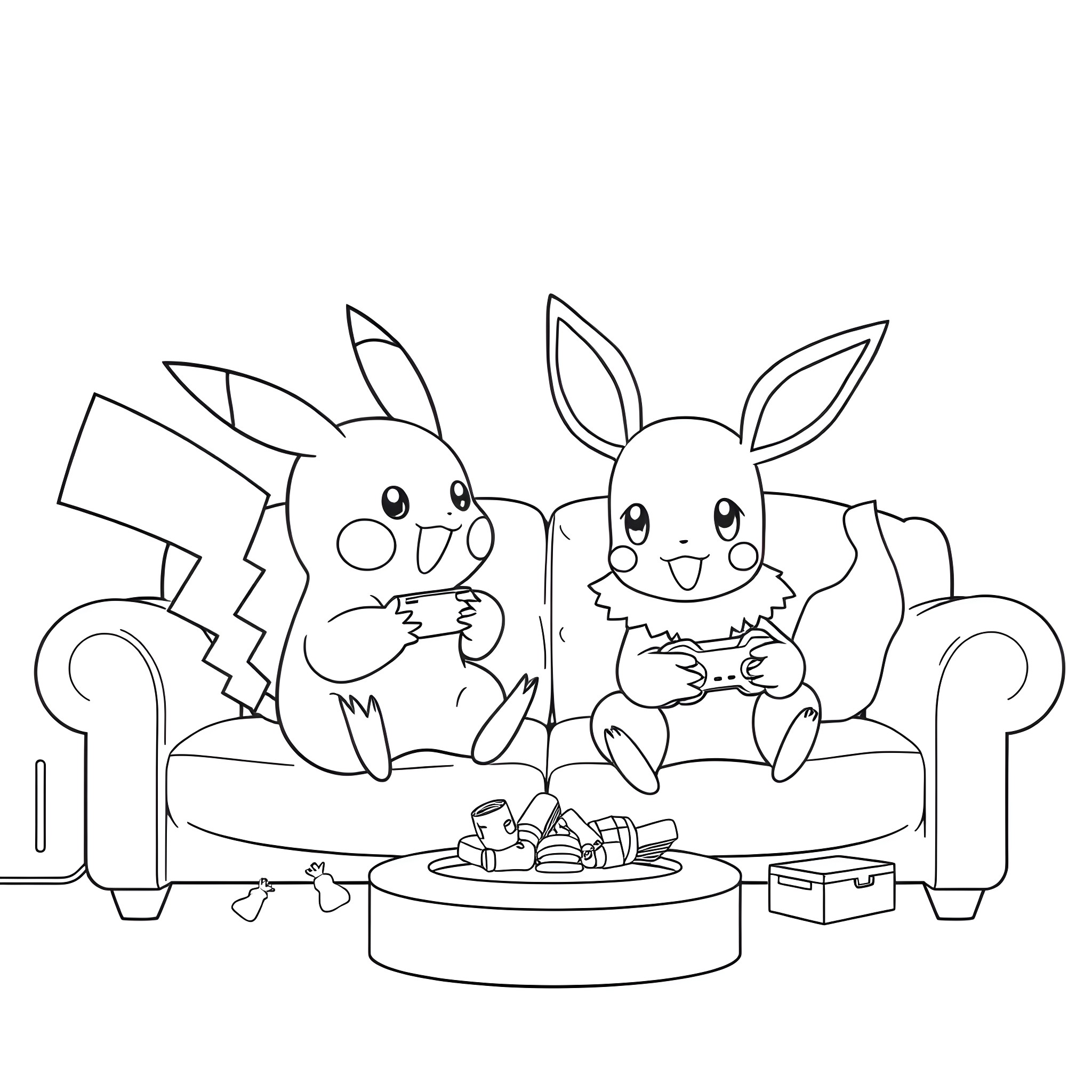 Pikachu and Eevee playing video games together Coloring Page (free black-and-white line drawing printable PDF for all, from beginners to advanced learners, including children, teens, adults, and seniors)