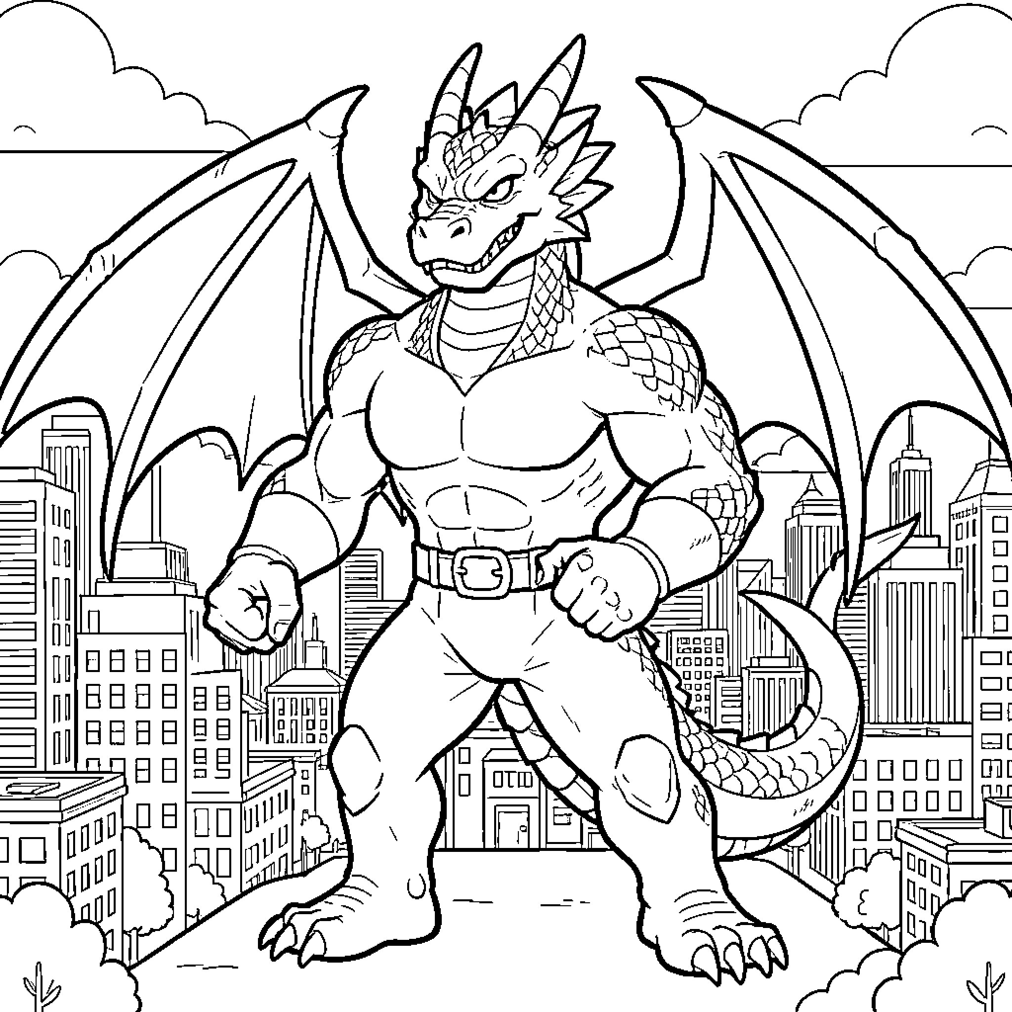Jake Long standing heroically in a city landscape Coloring Page (free black-and-white line drawing printable PDF for all, from beginners to advanced learners, including children, teens, adults, and seniors)