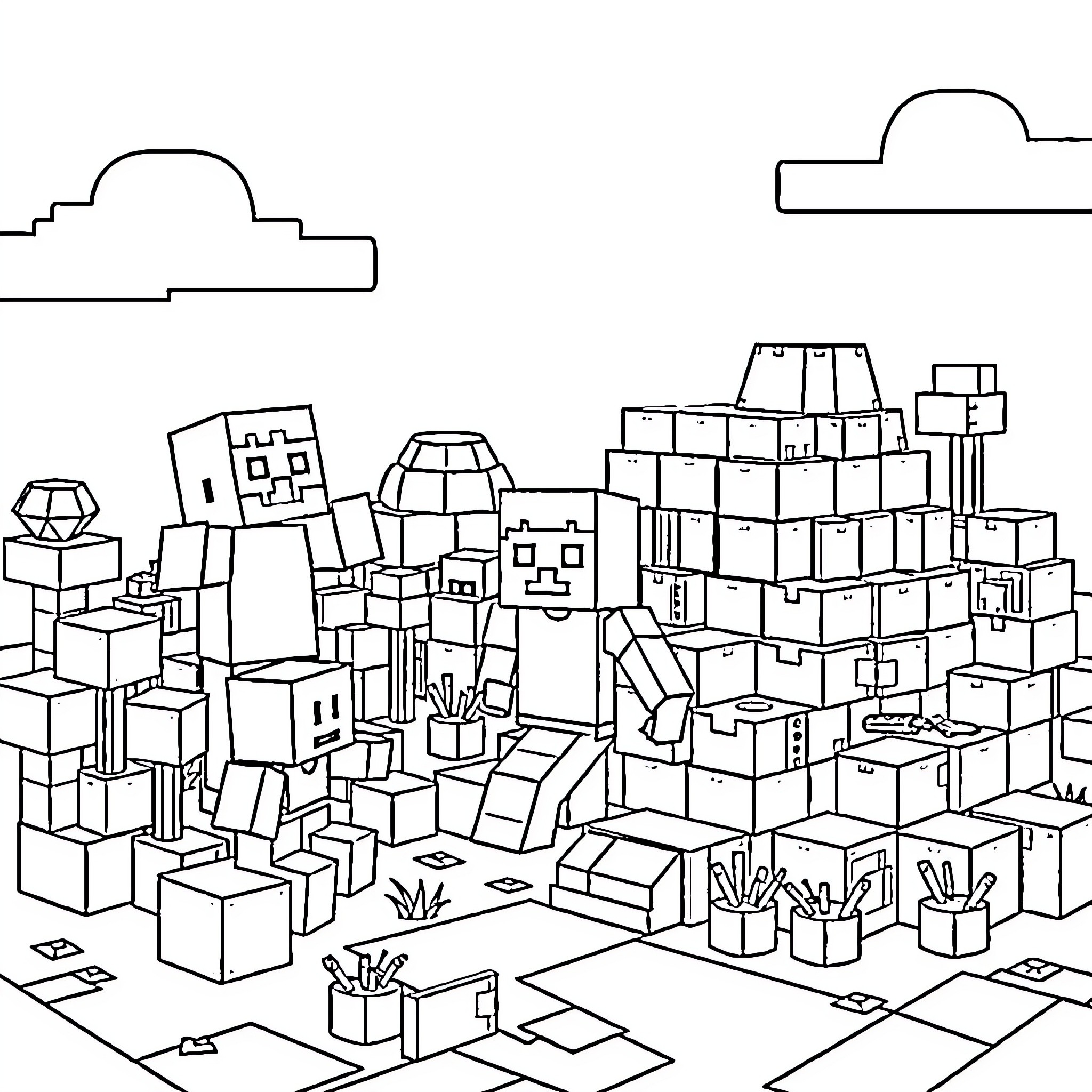 Minecraft characters and structures in a chaotic city scene Coloring Page (free black-and-white line drawing printable PDF for all, from beginners to advanced learners, including children, teens, adults, and seniors)