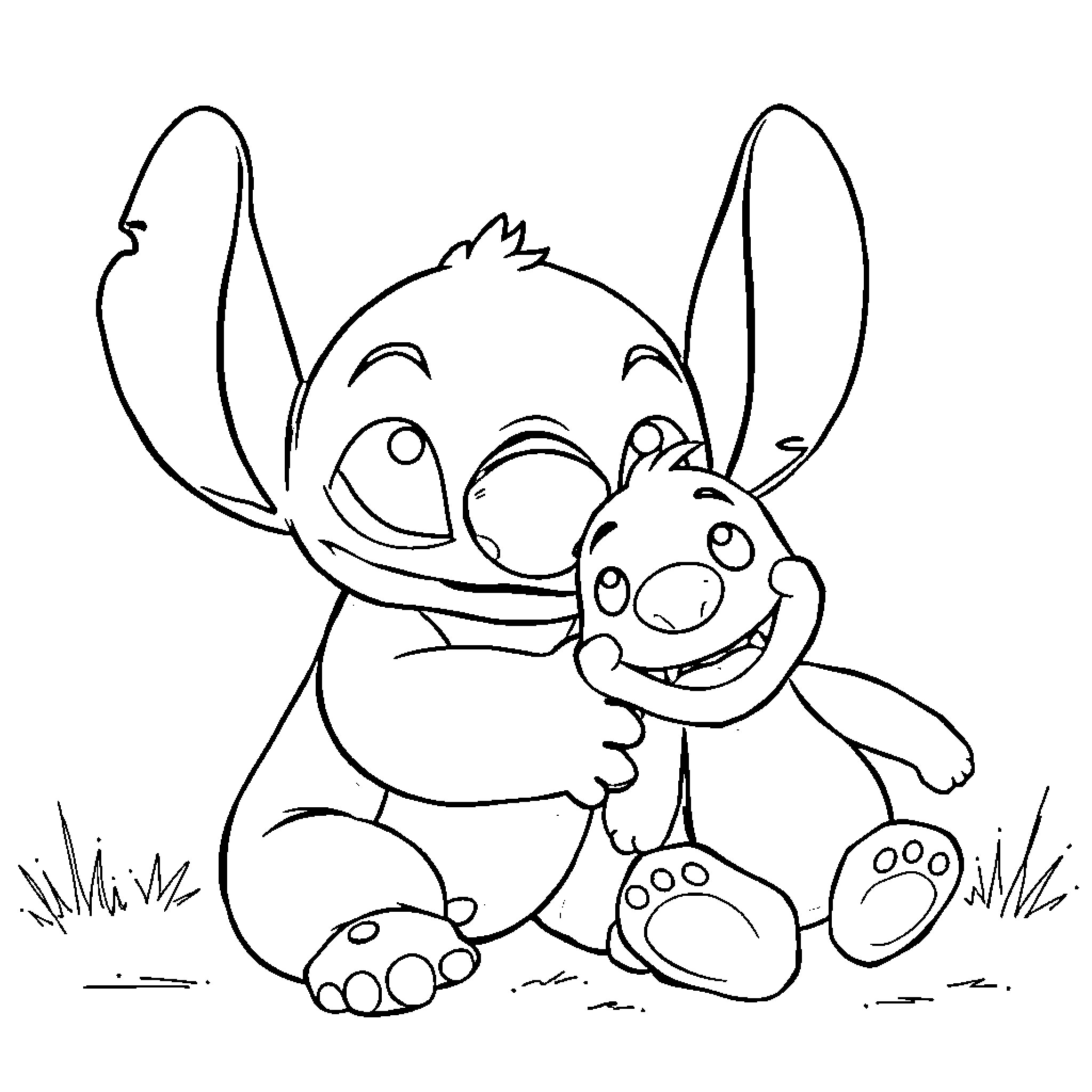 Stitch embracing a friend in a cheerful outdoor scene Coloring Page (free black-and-white line drawing printable PDF for all, from beginners to advanced learners, including children, teens, adults, and seniors)