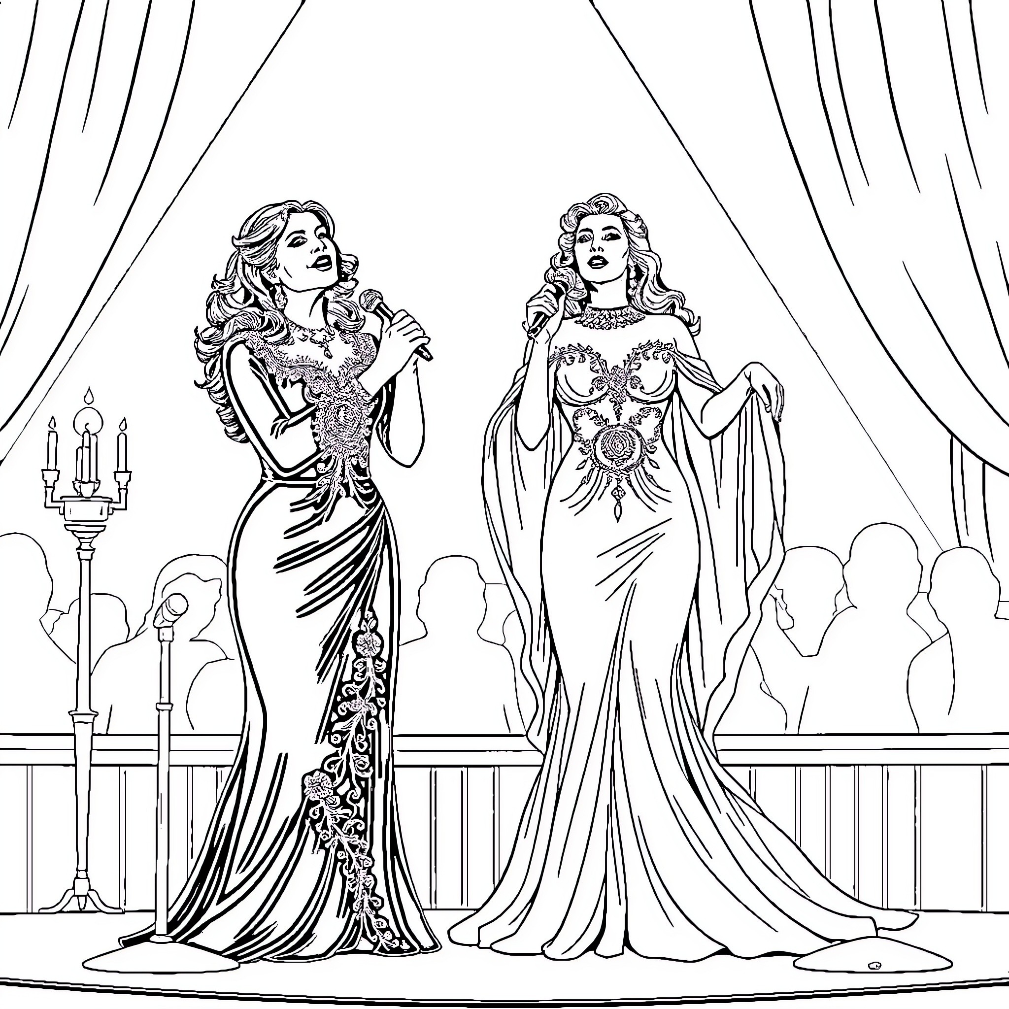 Dalida's Elegant Evening: Two Glamorous Women on Stage Coloring Page (free black-and-white line drawing printable PDF for all, from beginners to advanced learners, including children, teens, adults, and seniors)
