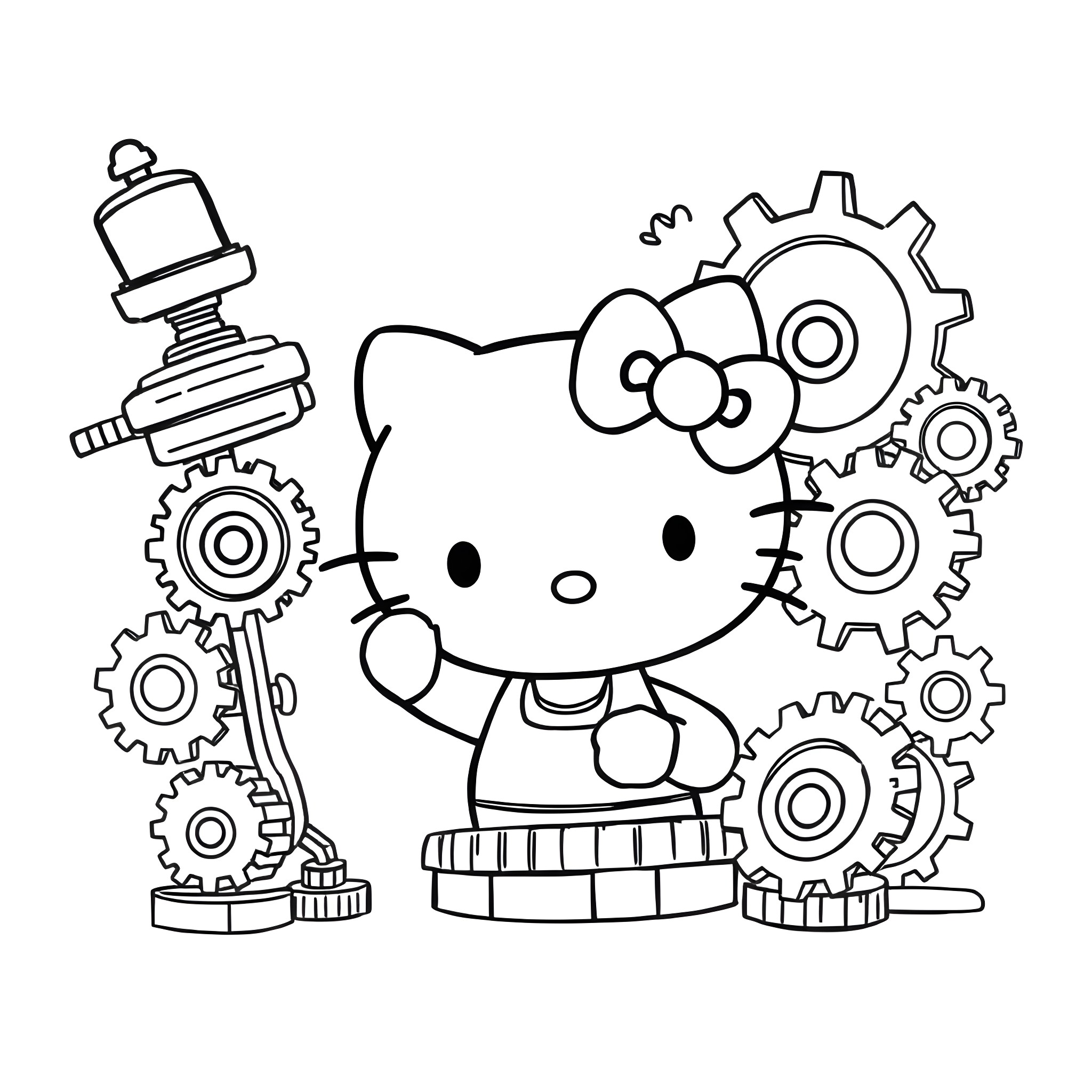 Hello Kitty with mechanical gears and tools Coloring Page (free black-and-white line drawing printable PDF for all, from beginners to advanced learners, including children, teens, adults, and seniors)
