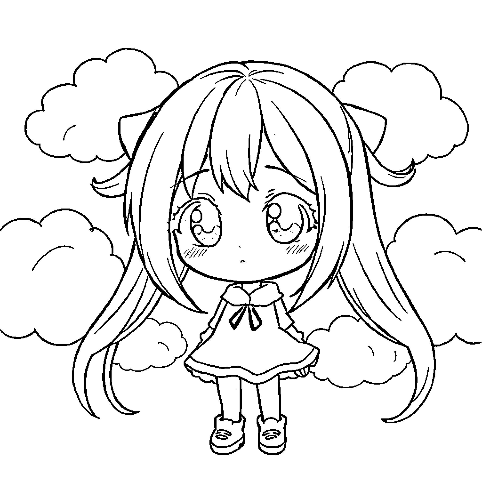 Anime Girl Smiling Adorably in Clouds Coloring Page (free black-and-white line drawing printable PDF for all, from beginners to advanced learners, including children, teens, adults, and seniors)