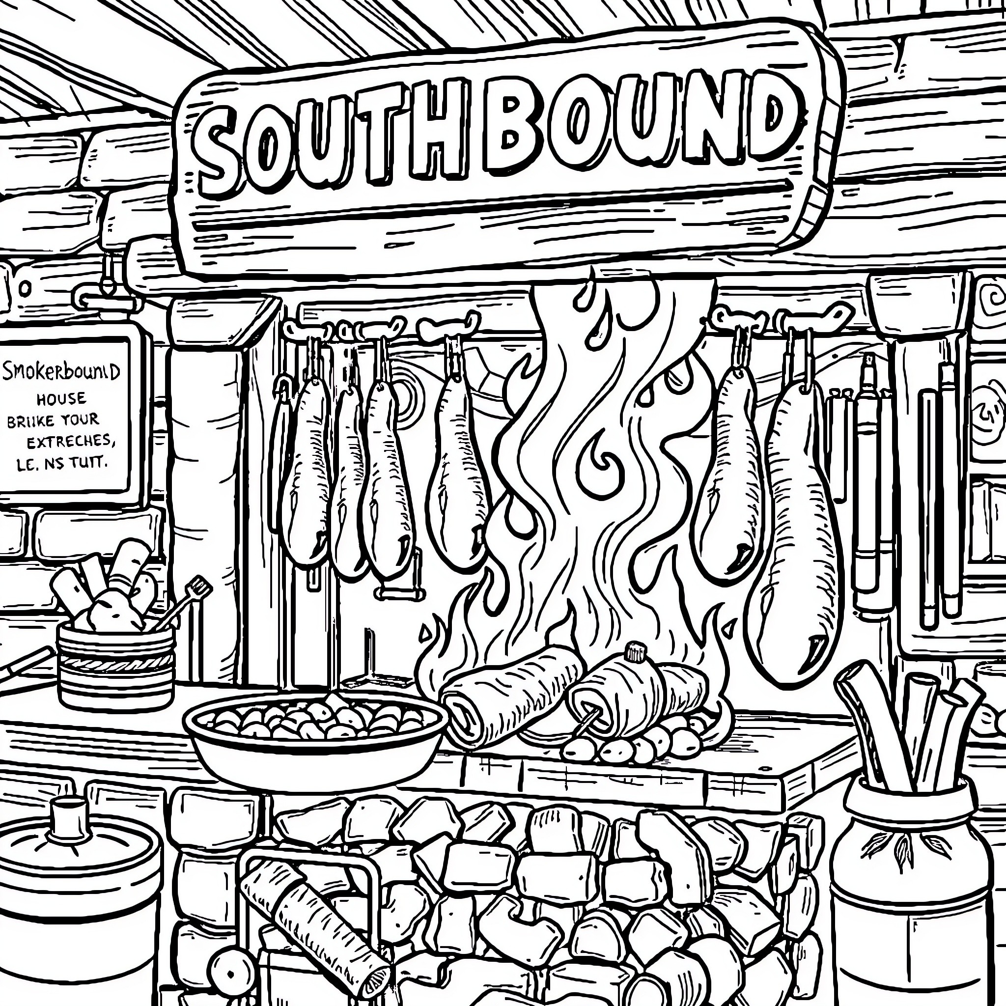 Smokehouse serving up tasty meats and treats Coloring Page (free black-and-white line drawing printable PDF for all, from beginners to advanced learners, including children, teens, adults, and seniors)