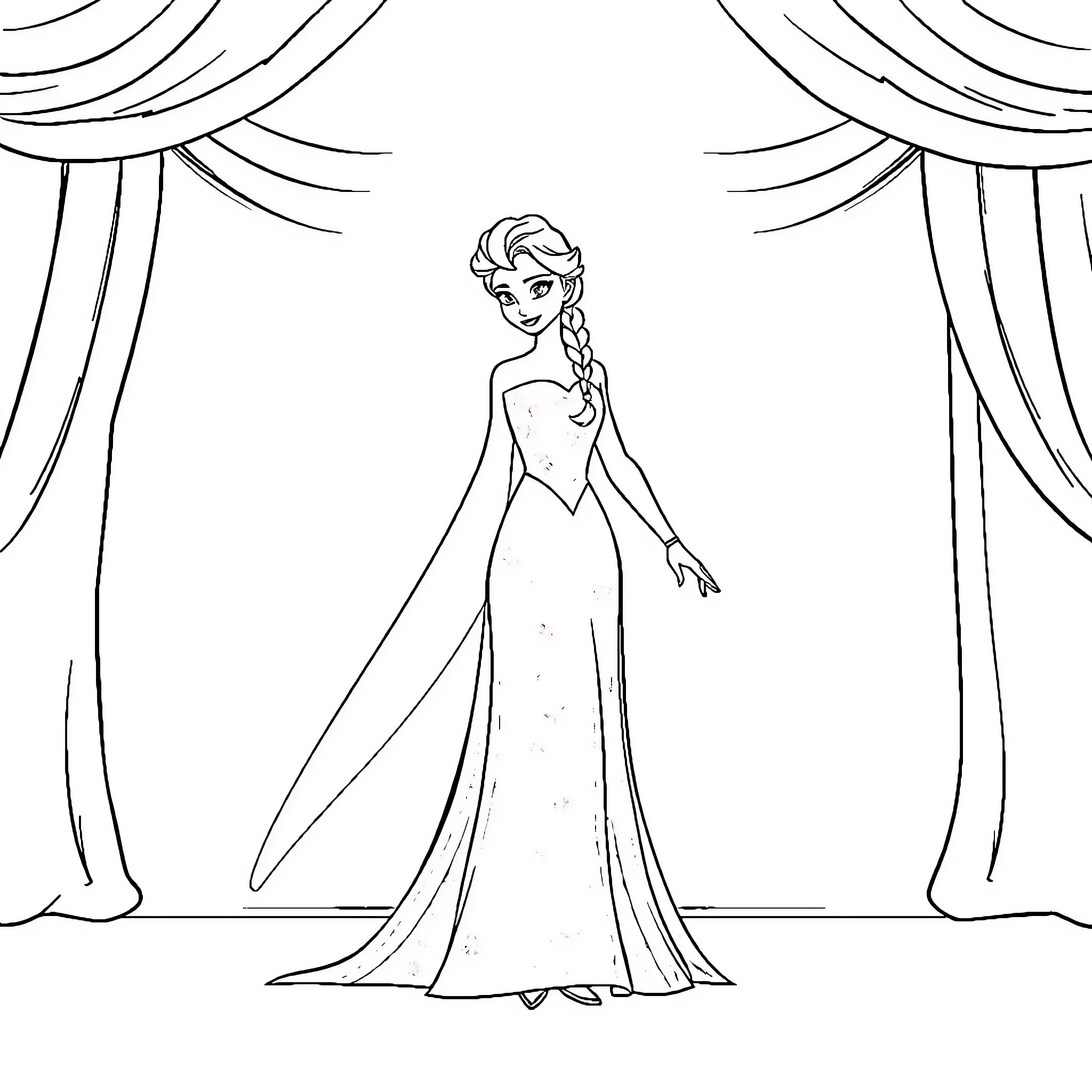Elsa on stage in her elegant gown Coloring Page (free black-and-white line drawing printable PDF for all, from beginners to advanced learners, including children, teens, adults, and seniors)