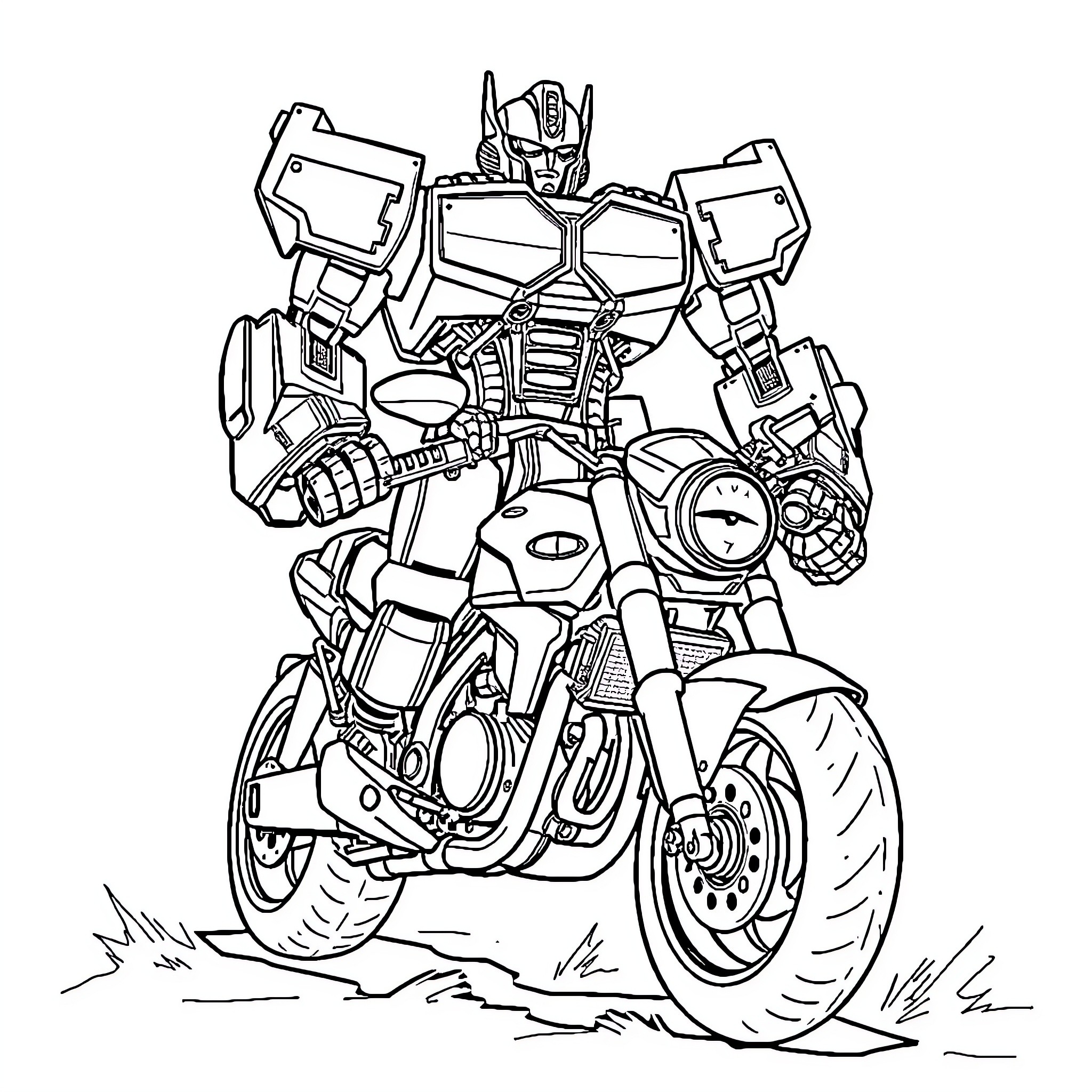 Motorcycle robot hybrid riding on a dirt path Coloring Page (free black-and-white line drawing printable PDF for all, from beginners to advanced learners, including children, teens, adults, and seniors)