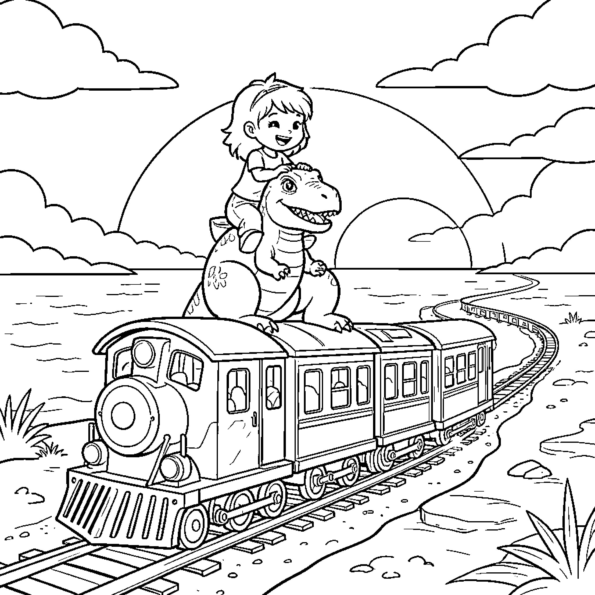 طفلة تركب ديناصور فوق قطار متحرك Coloring Page (free black-and-white line drawing printable PDF for all, from beginners to advanced learners, including children, teens, adults, and seniors)