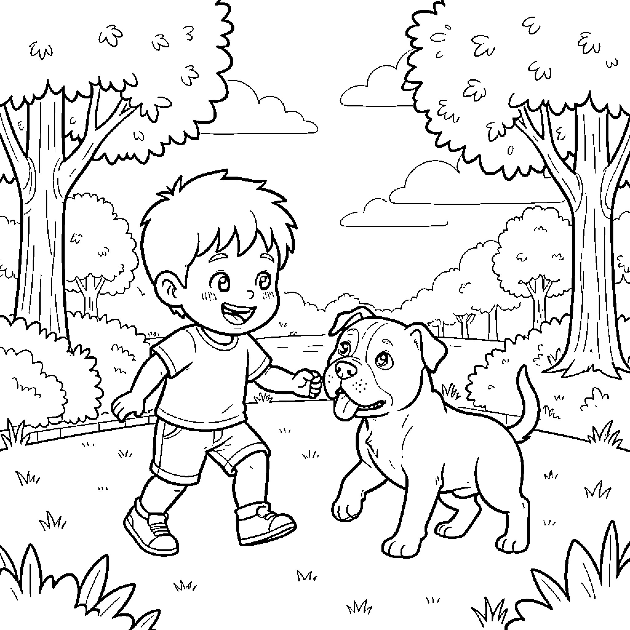 Child and dog playing outdoors in the park Coloring Page (free black-and-white line drawing printable PDF for all, from beginners to advanced learners, including children, teens, adults, and seniors)
