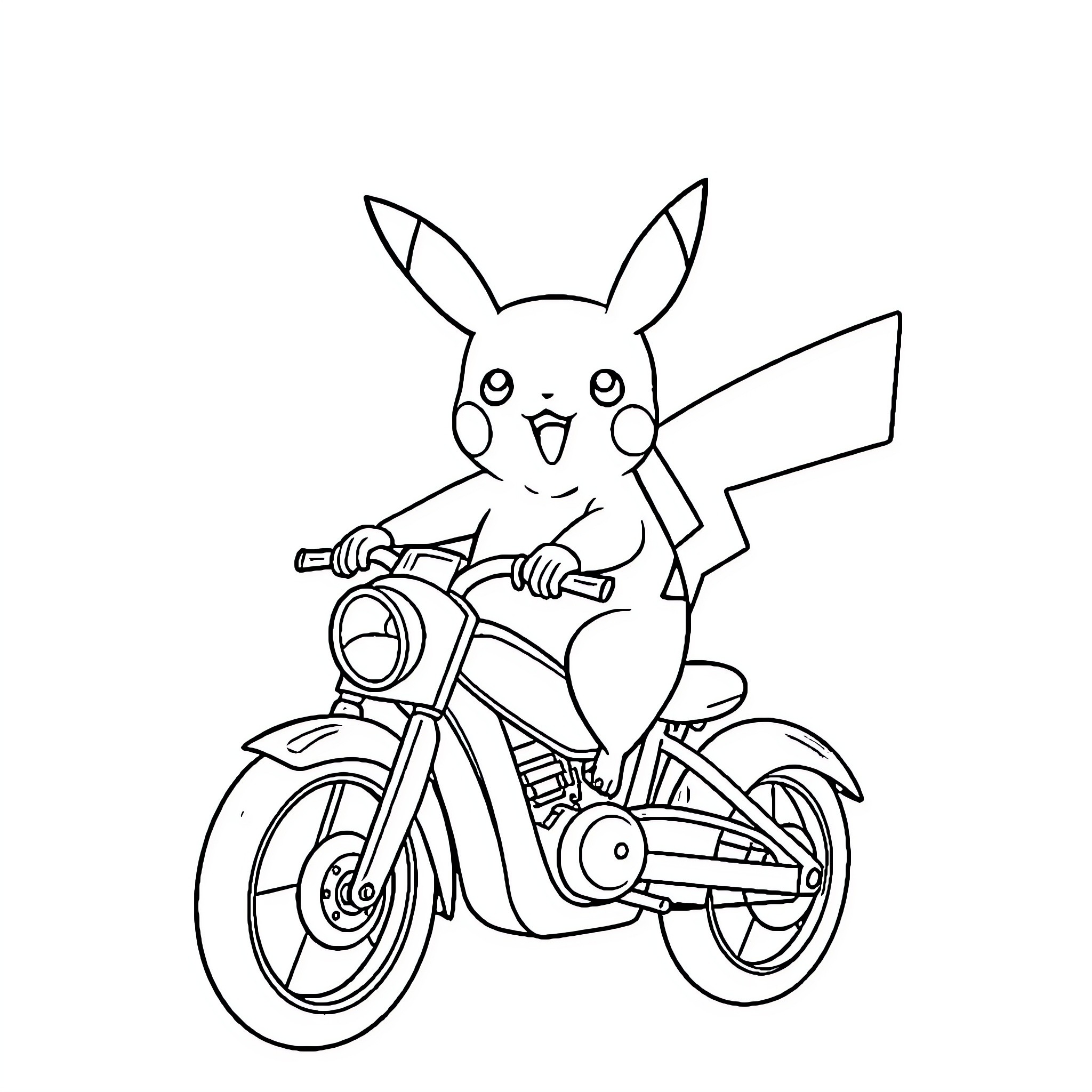 Pikachu riding a motorcycle happily Coloring Page (free black-and-white line drawing printable PDF for all, from beginners to advanced learners, including children, teens, adults, and seniors)
