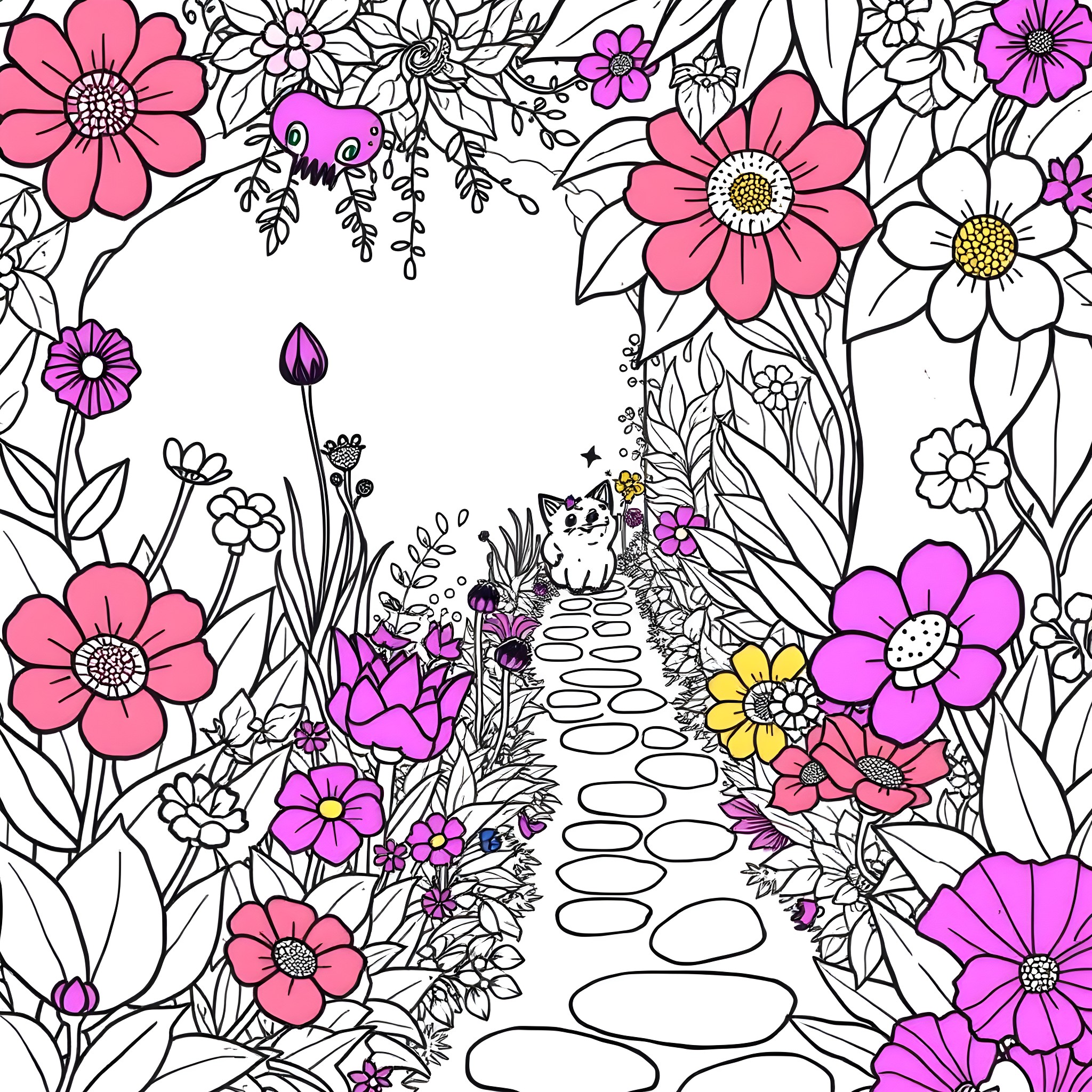 Garden path with whimsical floral elements Coloring Page (free black-and-white line drawing printable PDF for all, from beginners to advanced learners, including children, teens, adults, and seniors)