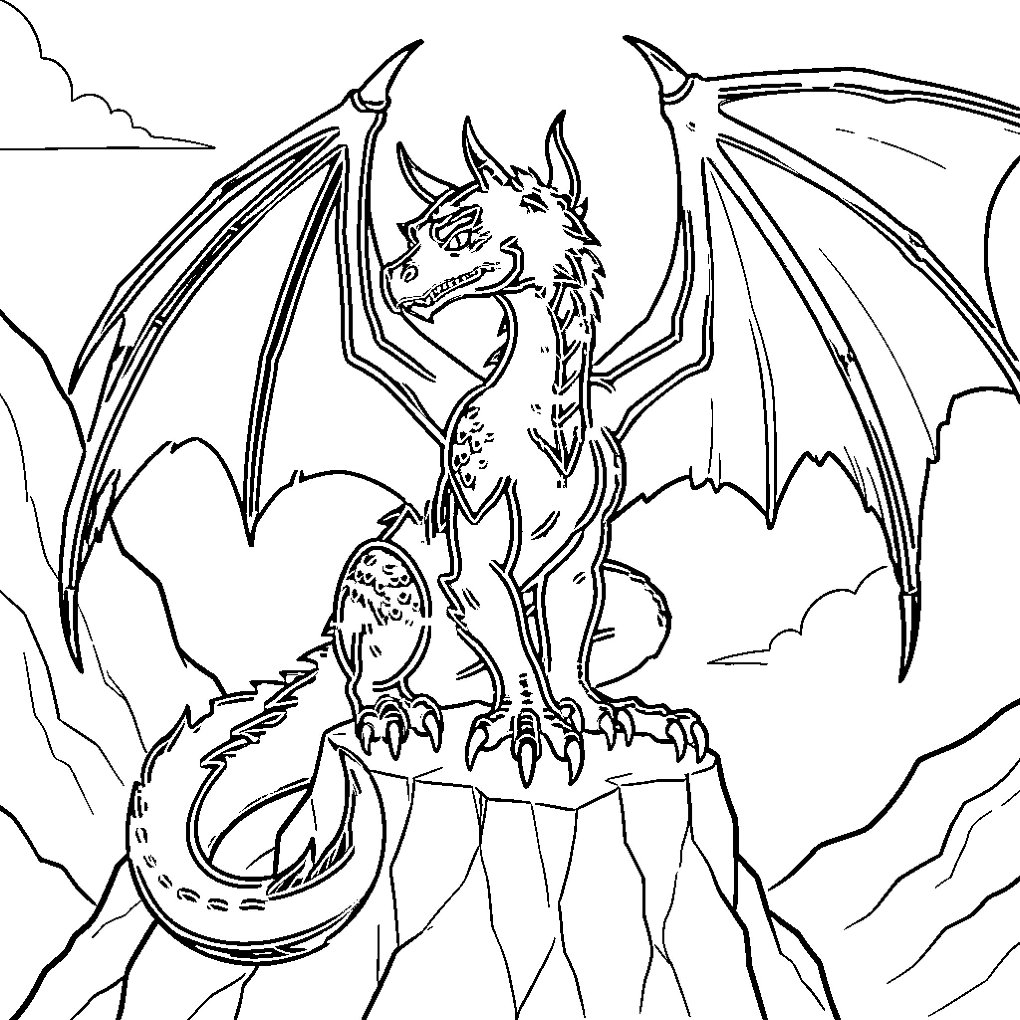 Dragon perched majestically on a mountain peak Coloring Page (free black-and-white line drawing printable PDF for all, from beginners to advanced learners, including children, teens, adults, and seniors)