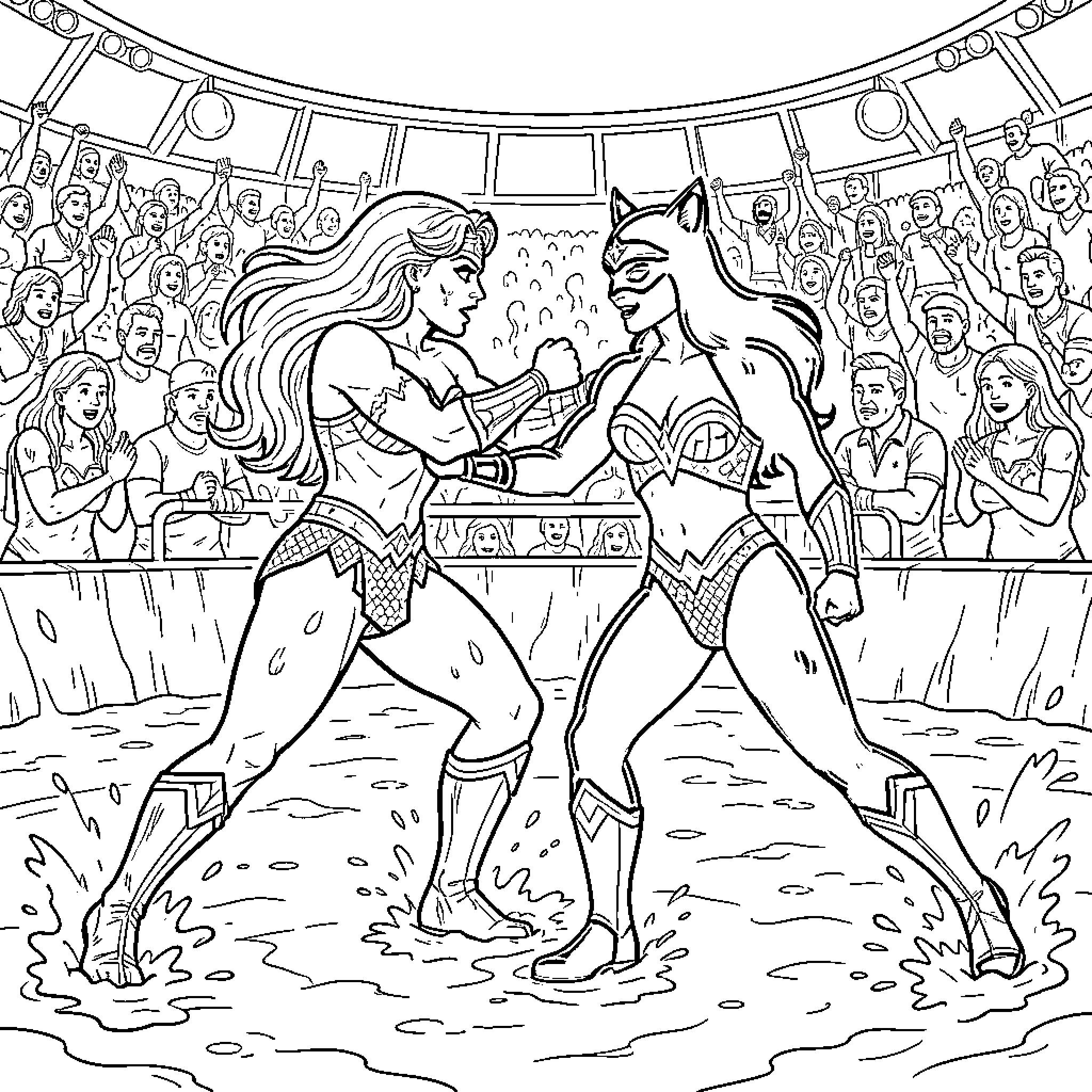 Wonder Woman battling a cat-themed hero in a ring Coloring Page (free black-and-white line drawing printable PDF for all, from beginners to advanced learners, including children, teens, adults, and seniors)