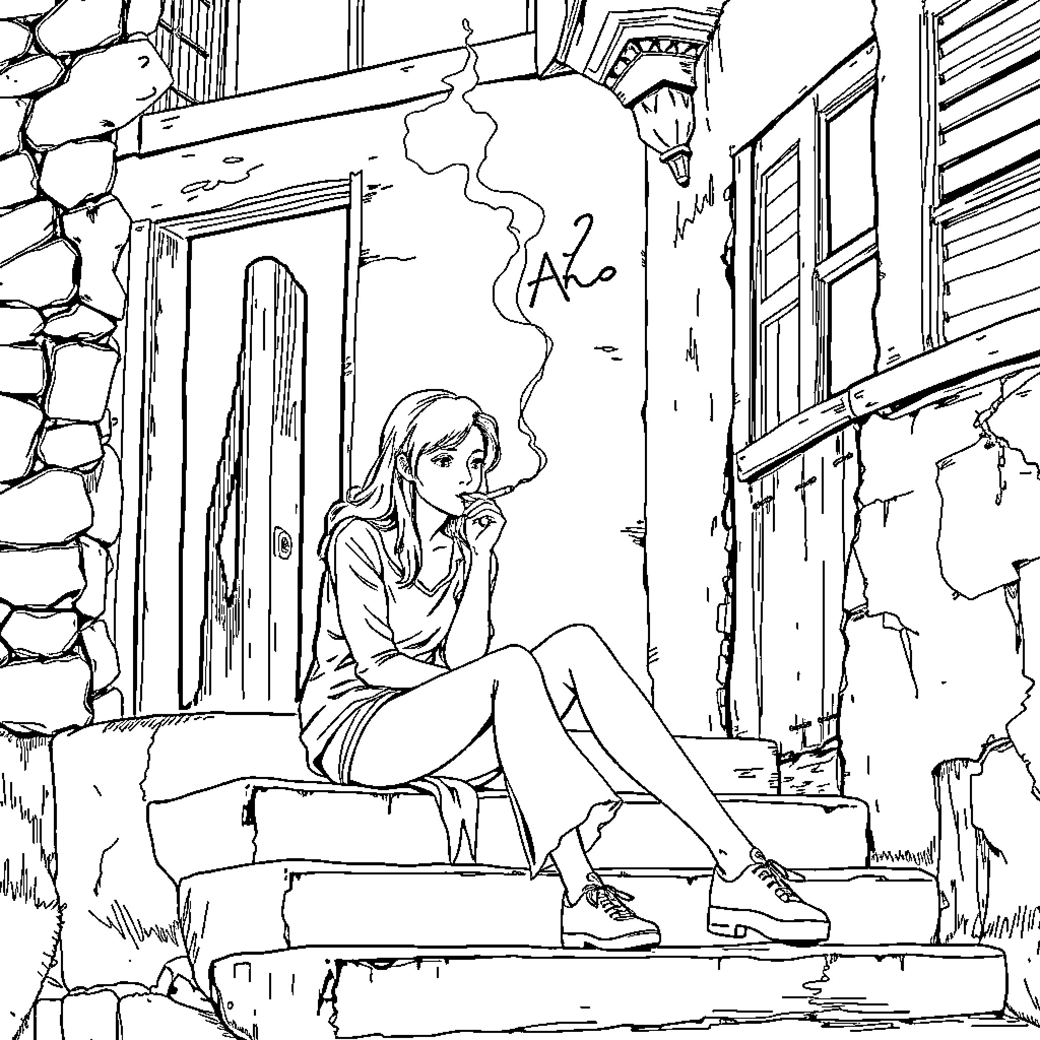 Girl sitting alone on steps of dilapidated building Coloring Page (free black-and-white line drawing printable PDF for all, from beginners to advanced learners, including children, teens, adults, and seniors)
