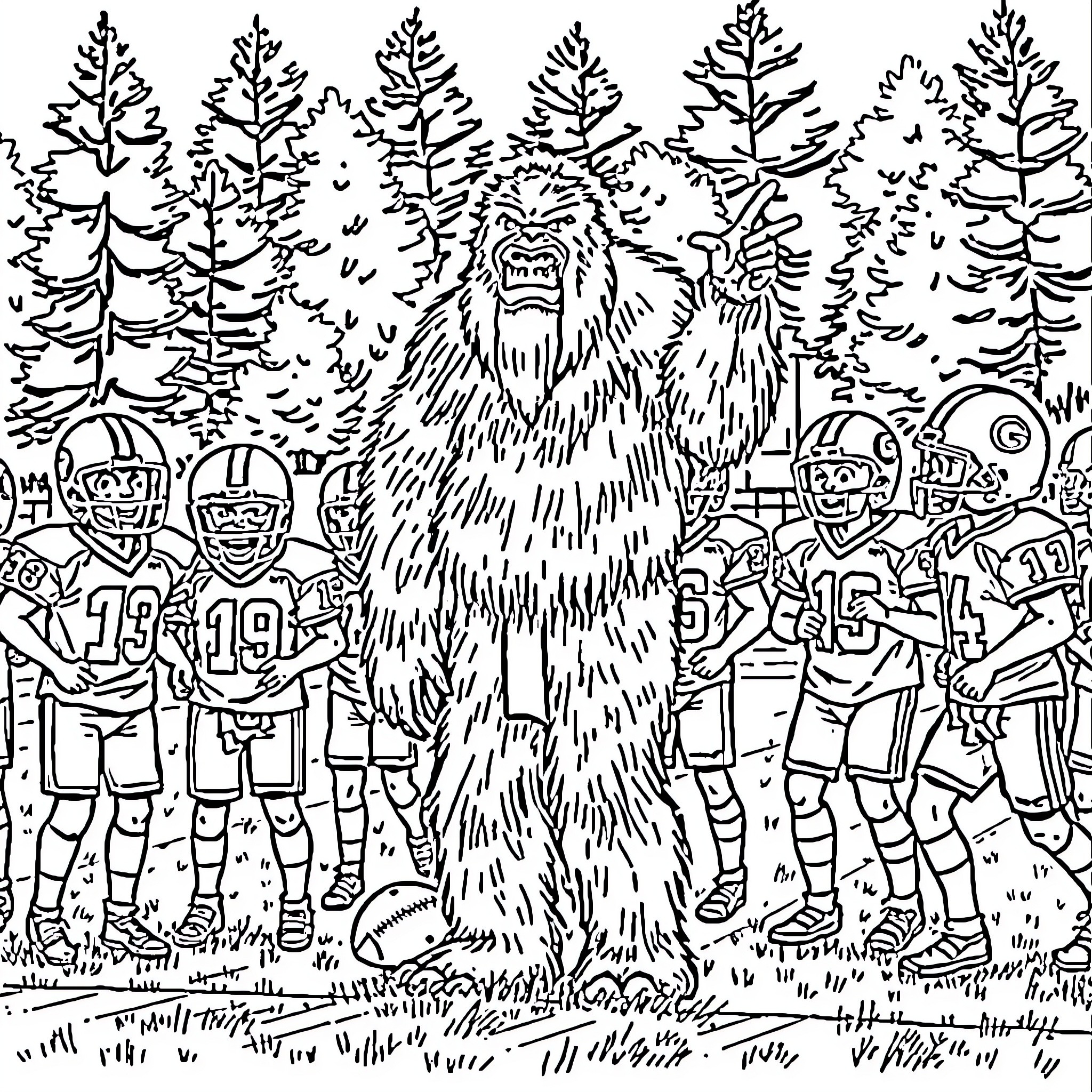 Sasquatch confronting a football team in the forest Coloring Page (free black-and-white line drawing printable PDF for all, from beginners to advanced learners, including children, teens, adults, and seniors)