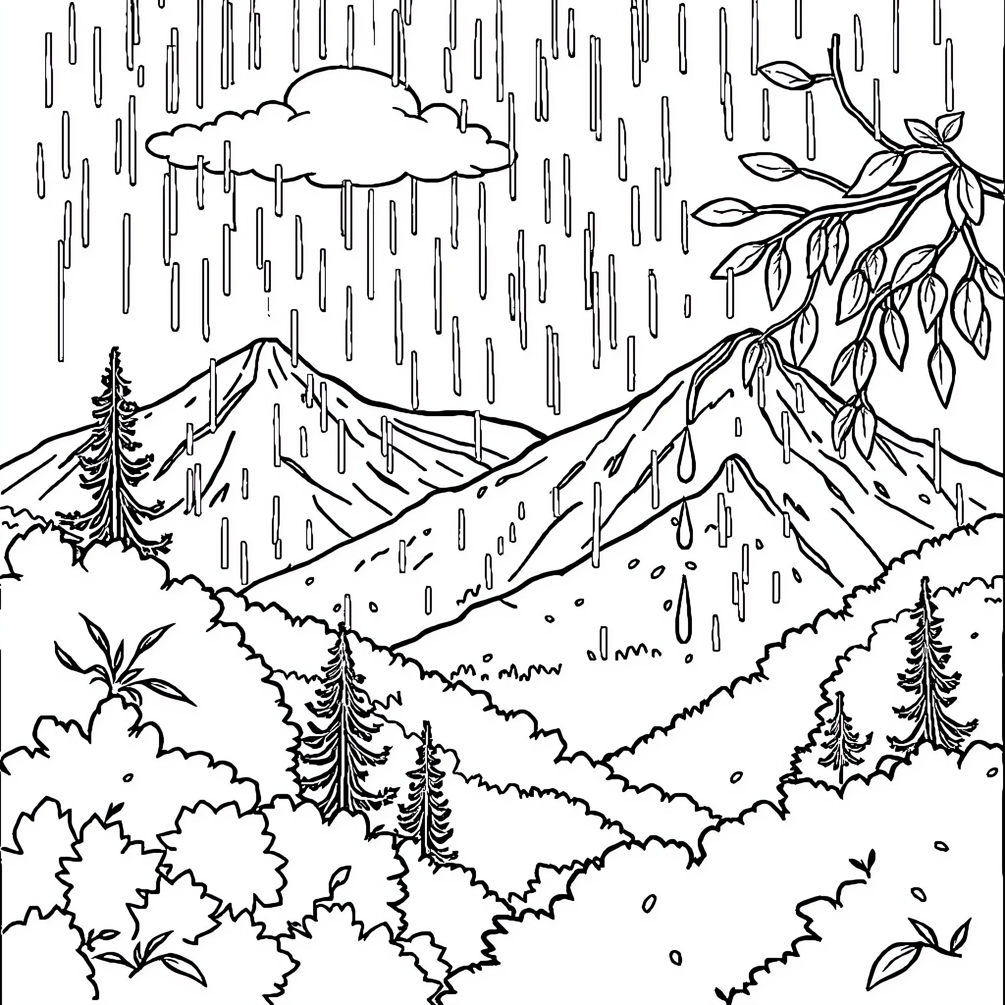 Rain falling in a serene mountain landscape Coloring Page (free black-and-white line drawing printable PDF for all, from beginners to advanced learners, including children, teens, adults, and seniors)