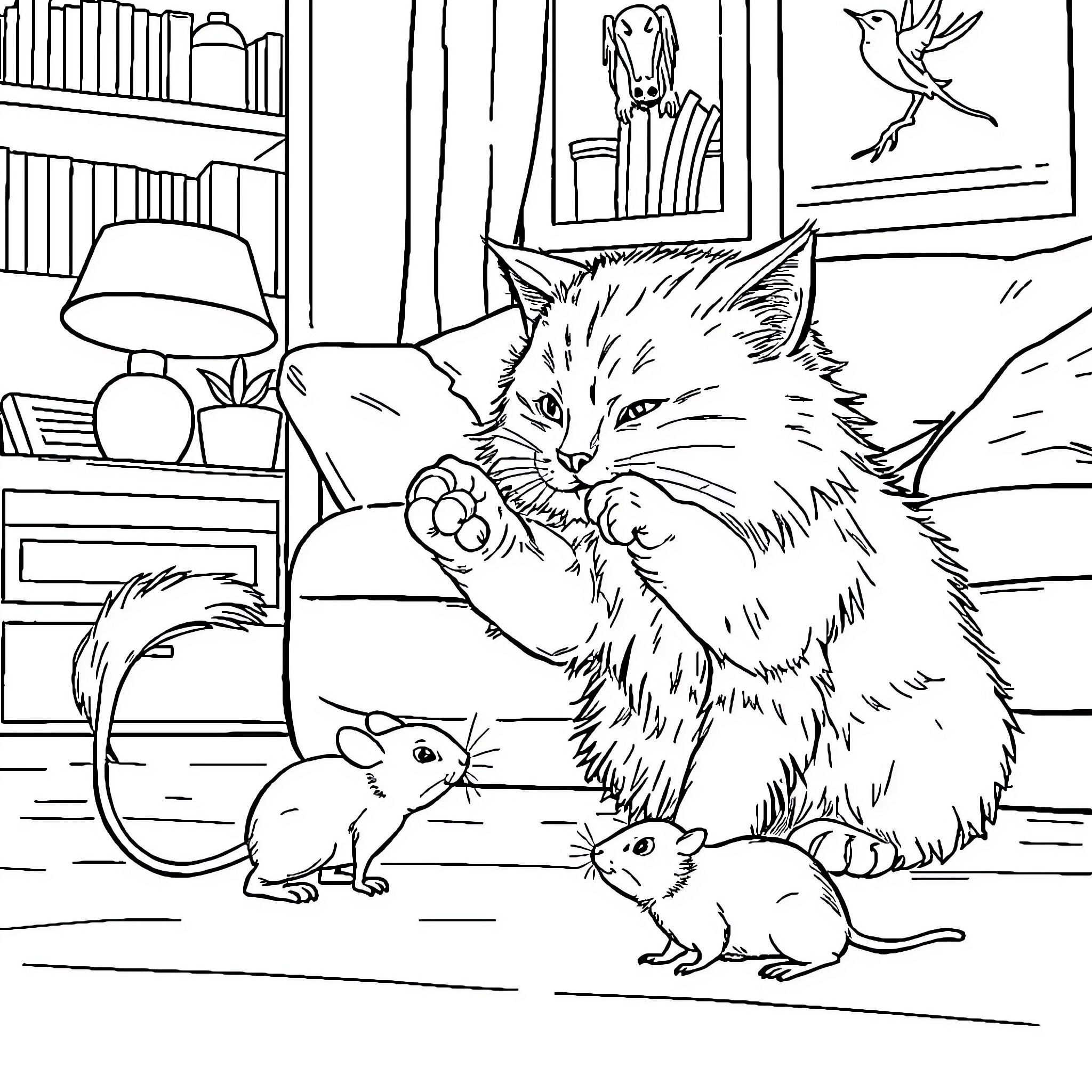Cat playing with small mice in cozy home Coloring Page (free black-and-white line drawing printable PDF for all, from beginners to advanced learners, including children, teens, adults, and seniors)