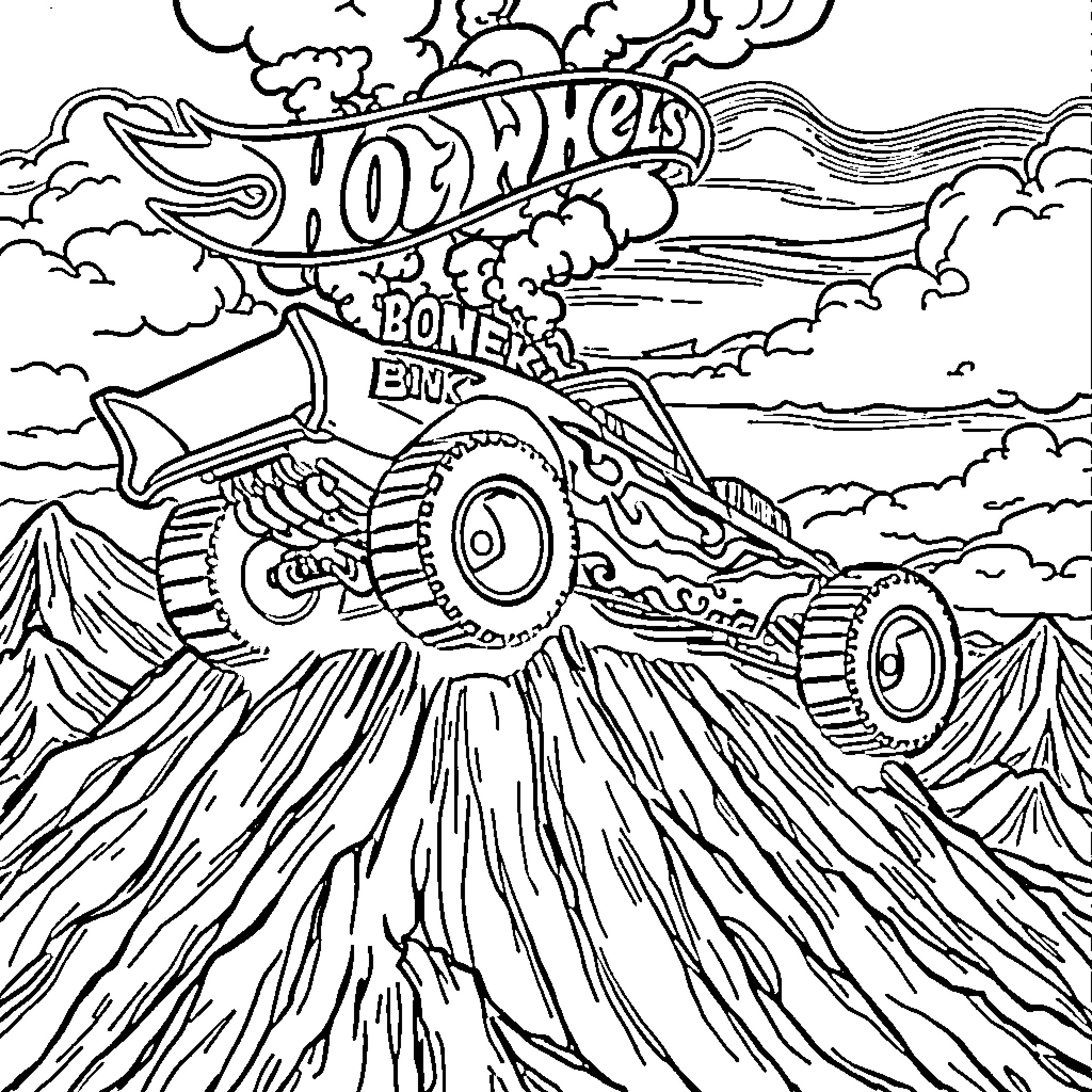 Hot Wheels Monster Truck Racing Adventure Coloring Page (free black-and-white line drawing printable PDF for all, from beginners to advanced learners, including children, teens, adults, and seniors)