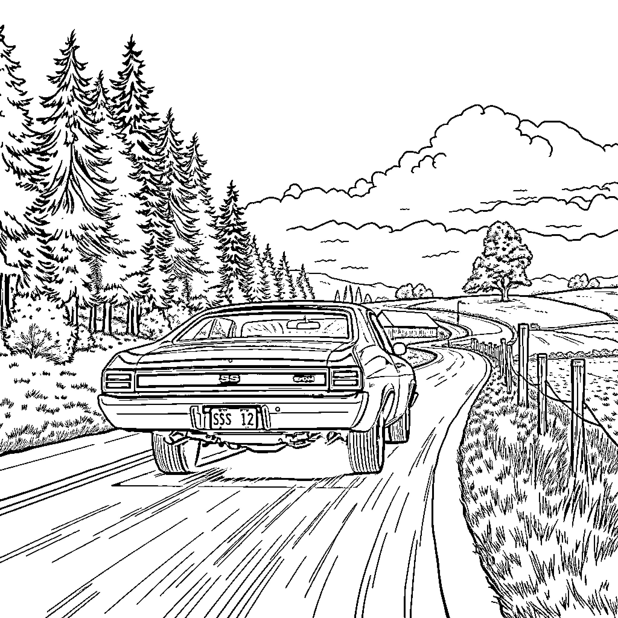 Chevrolet Muscle Car Races Through Scenic Countryside Coloring Page (free black-and-white line drawing printable PDF for all, from beginners to advanced learners, including children, teens, adults, and seniors)