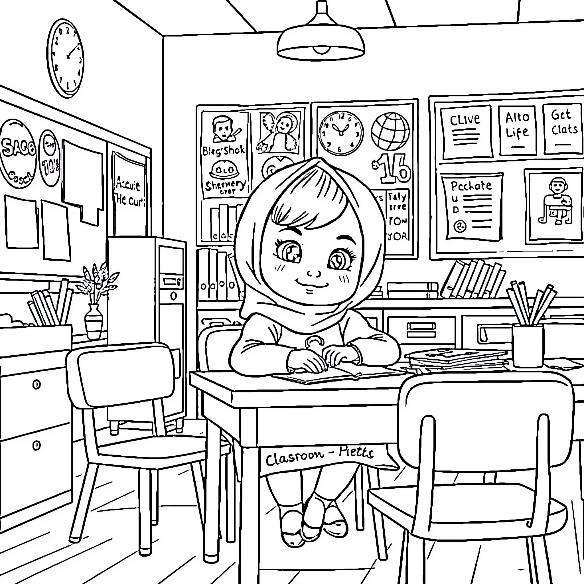 Masha's Cozy Classroom Adventures Coloring Page (free black-and-white line drawing printable PDF for all, from beginners to advanced learners, including children, teens, adults, and seniors)