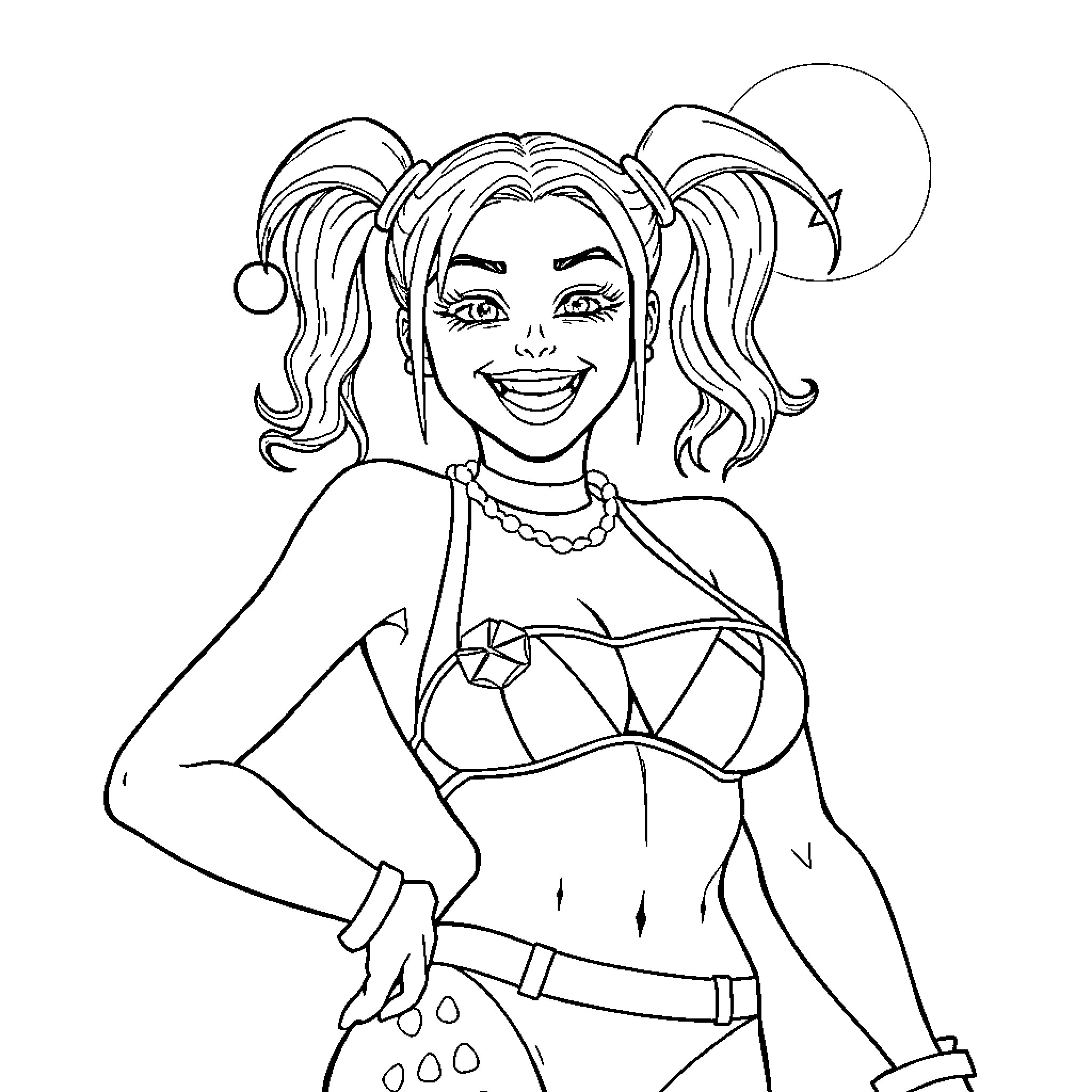 Harley Quinn in vibrant costumed pose Coloring Page (free black-and-white line drawing printable PDF for all, from beginners to advanced learners, including children, teens, adults, and seniors)