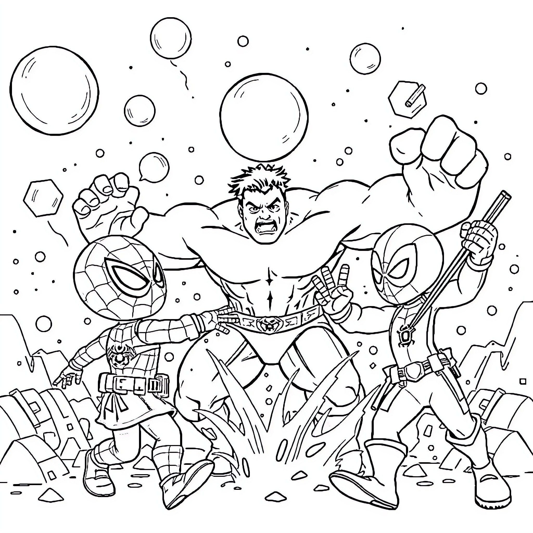 Hulk battles alongside superheroes in an epic confrontation Coloring Page (free black-and-white line drawing printable PDF for all, from beginners to advanced learners, including children, teens, adults, and seniors)