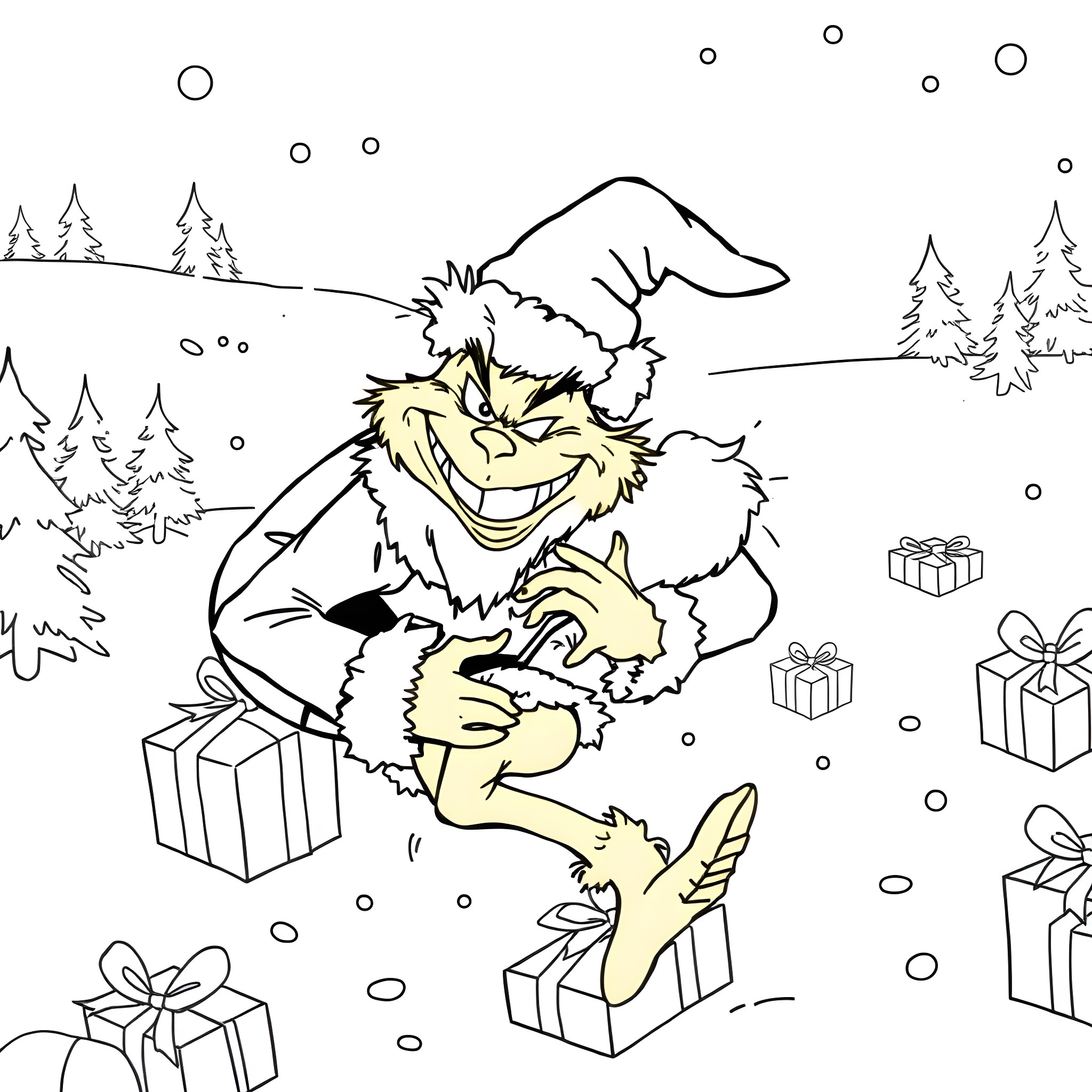 Grinch stealing gifts and enjoying the snowy scene Coloring Page (free black-and-white line drawing printable PDF for all, from beginners to advanced learners, including children, teens, adults, and seniors)