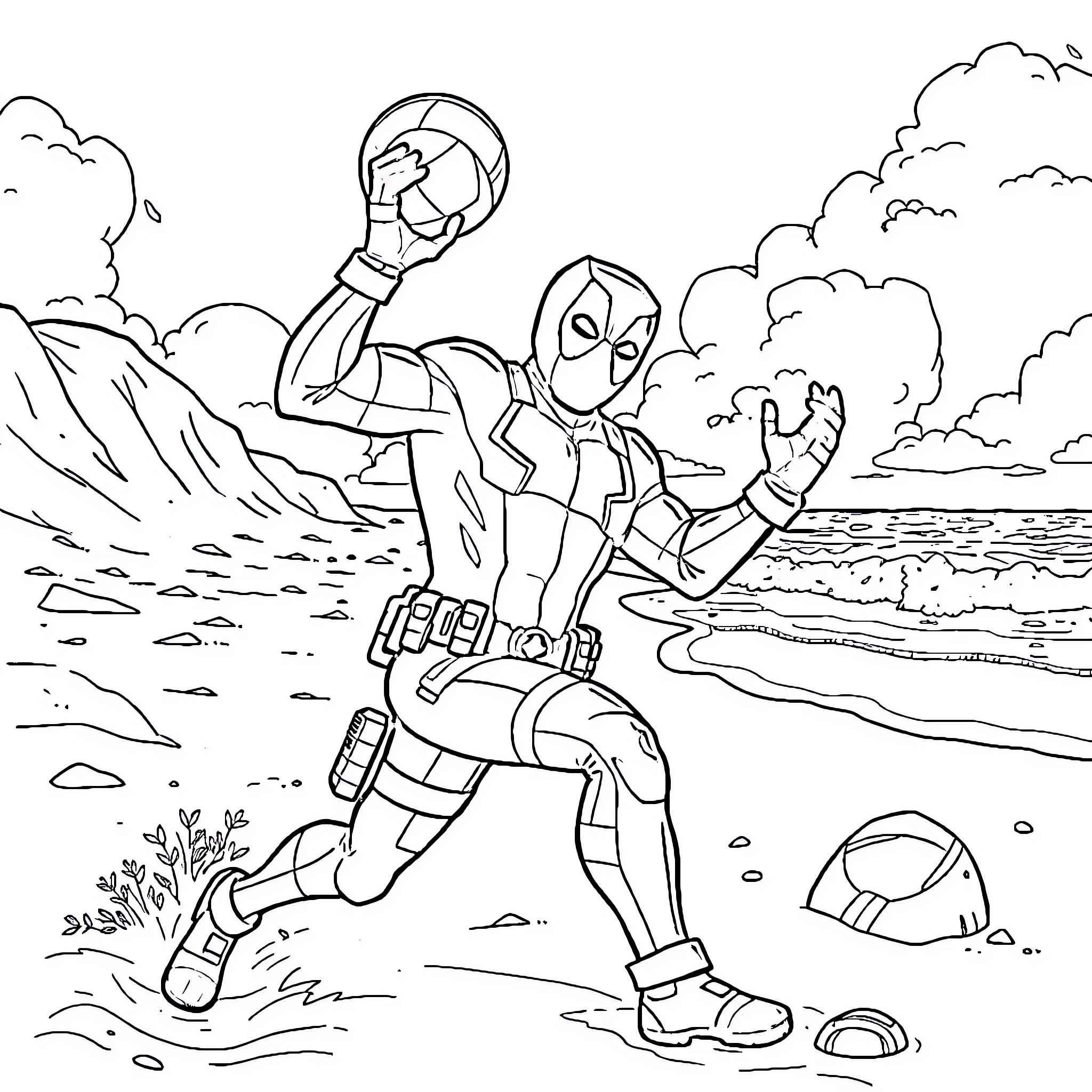 Deadpool enjoying a day at the beach Coloring Page (free black-and-white line drawing printable PDF for all, from beginners to advanced learners, including children, teens, adults, and seniors)