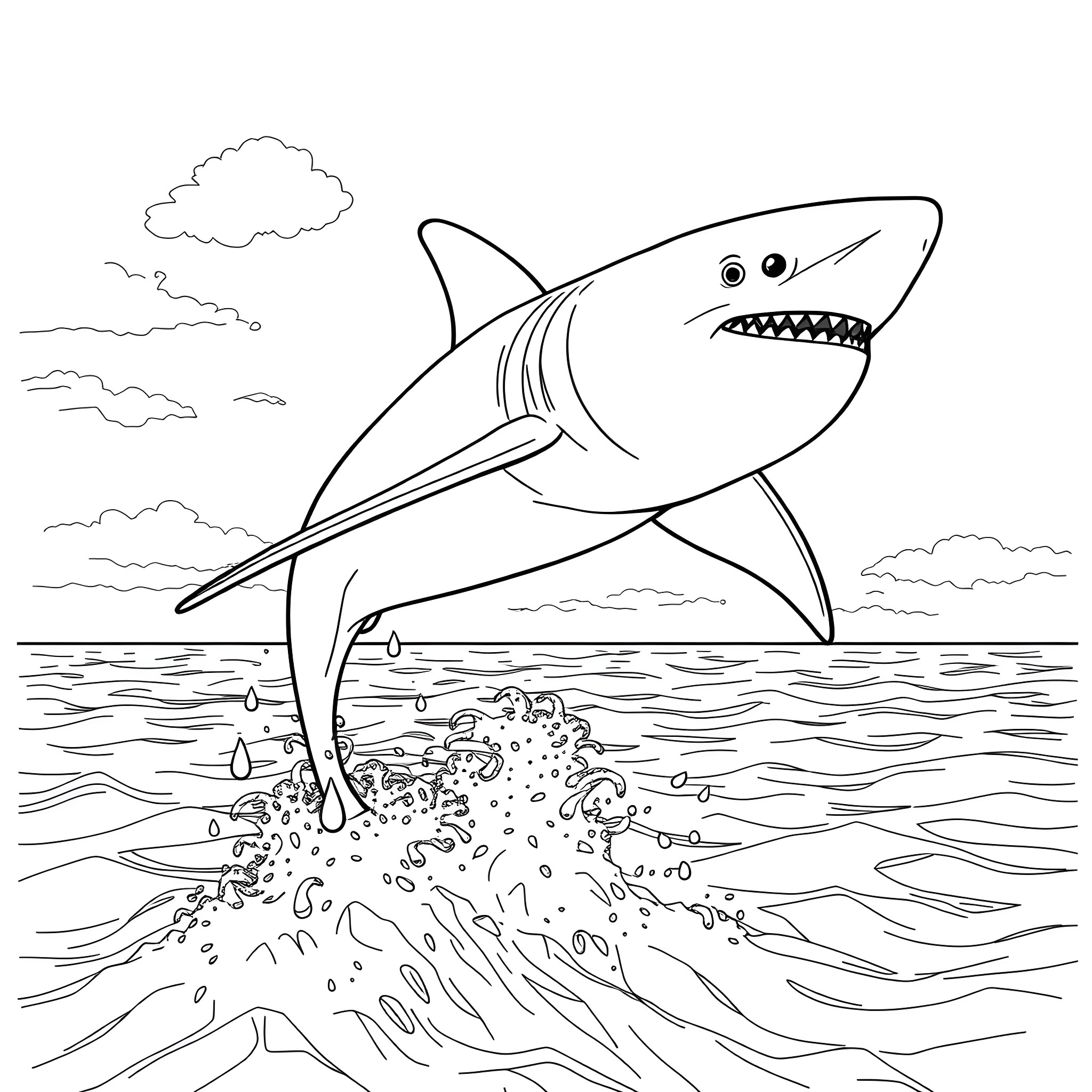 Shark jumping high out of the ocean Coloring Page (free black-and-white line drawing printable PDF for all, from beginners to advanced learners, including children, teens, adults, and seniors)