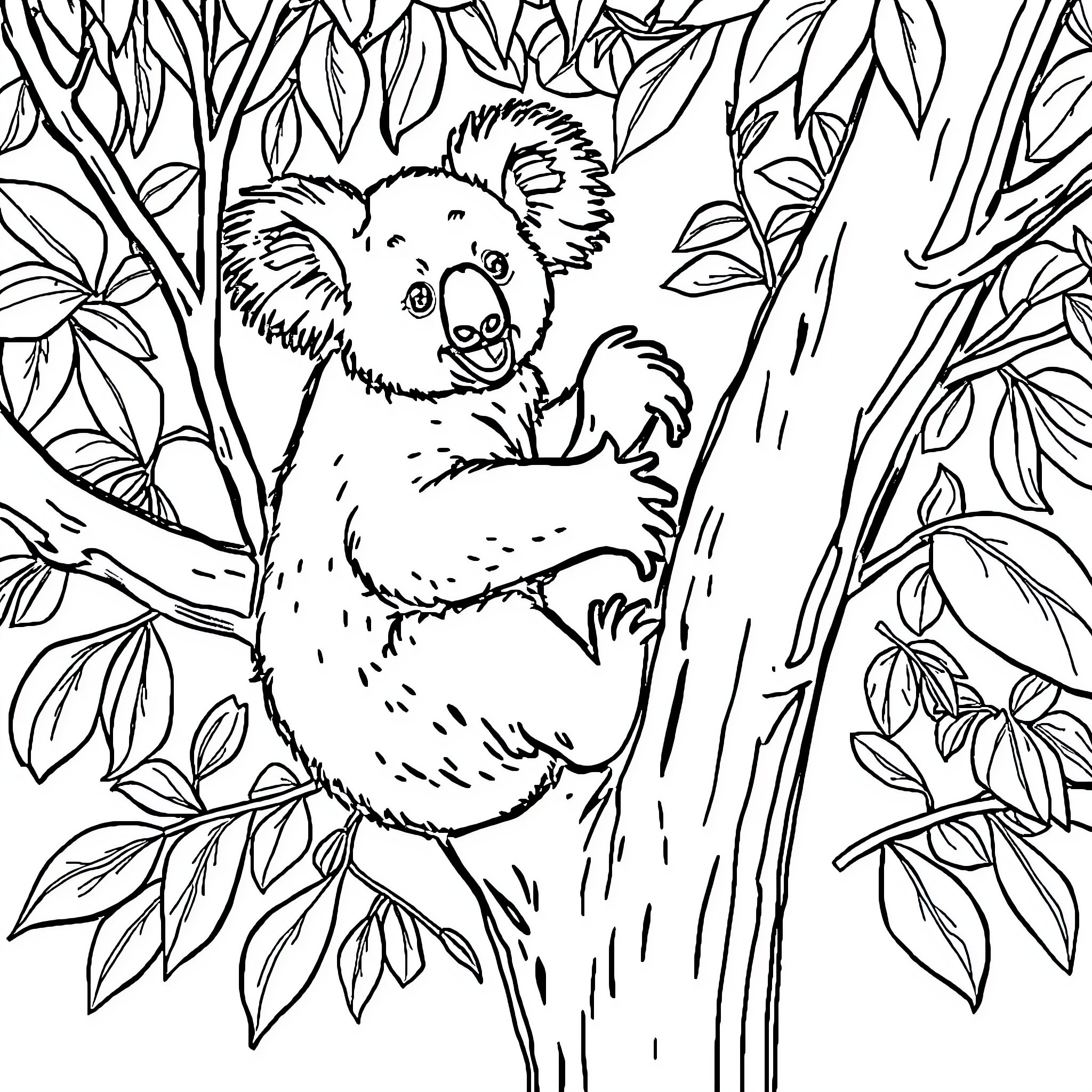 Koala resting peacefully in the tree Coloring Page (free black-and-white line drawing printable PDF for all, from beginners to advanced learners, including children, teens, adults, and seniors)