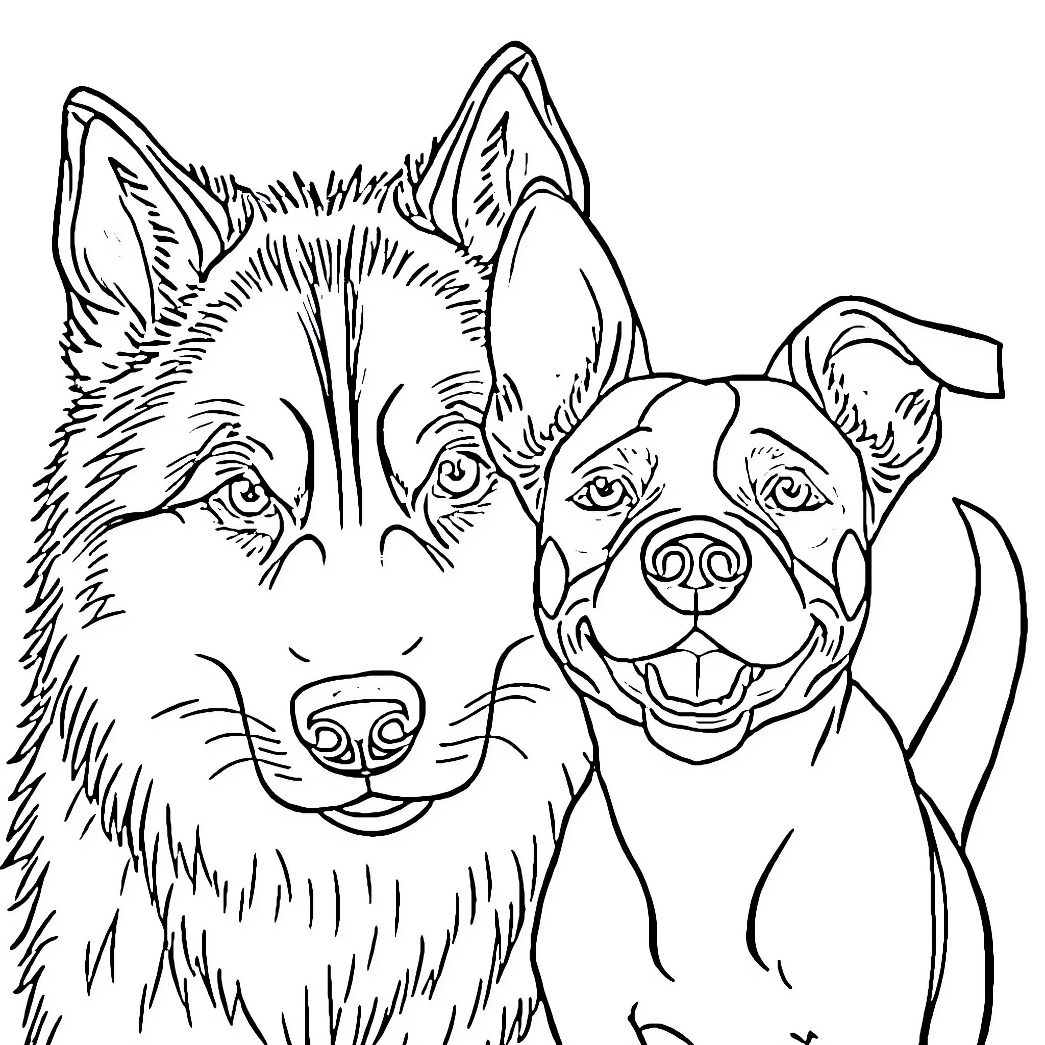 Dog friends playing and smiling together Coloring Page (free black-and-white line drawing printable PDF for all, from beginners to advanced learners, including children, teens, adults, and seniors)