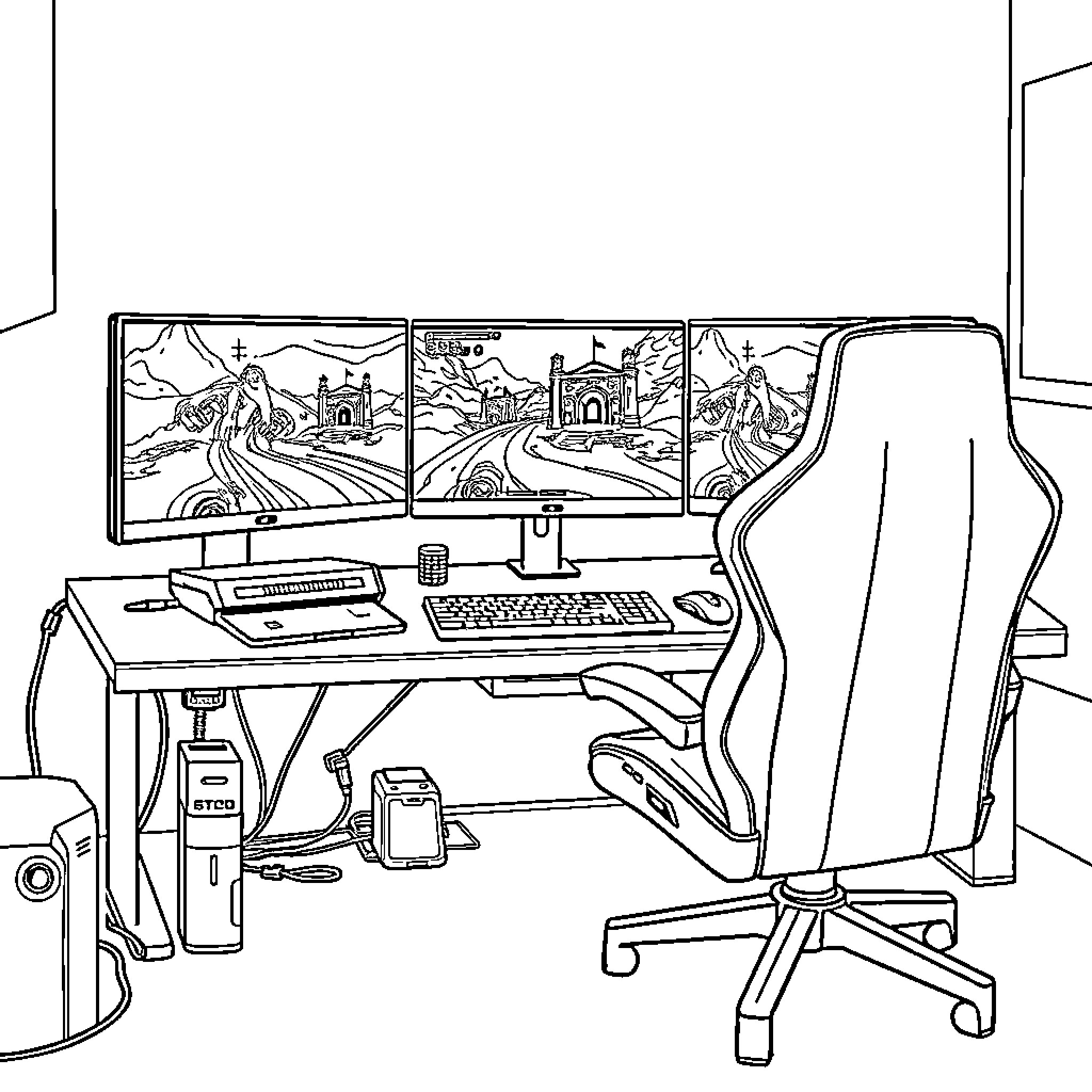 Gaming Setup with Multiple Monitors and Gaming Chair Coloring Page (free black-and-white line drawing printable PDF for all, from beginners to advanced learners, including children, teens, adults, and seniors)