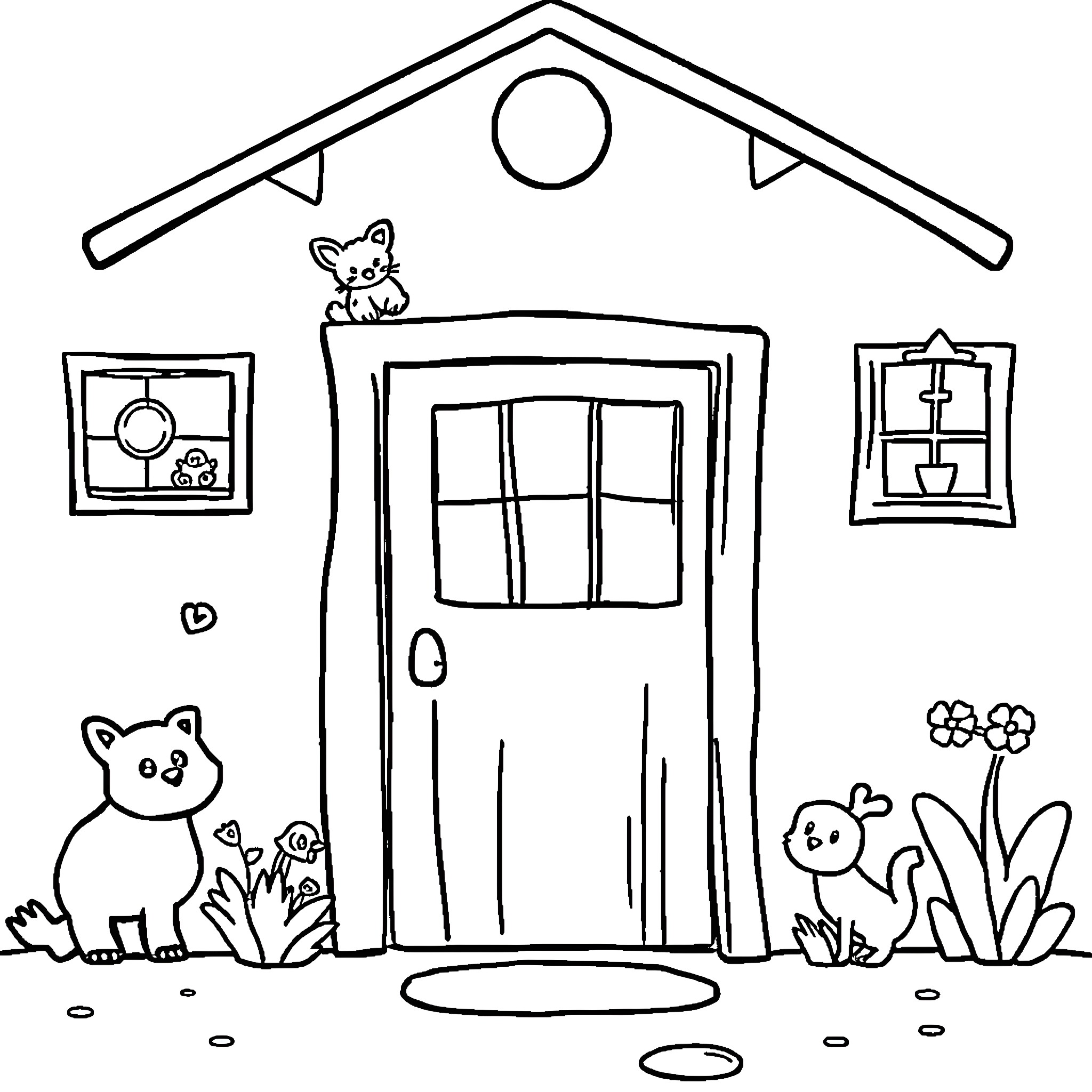 Animal house with cute pets and nature Coloring Page (free black-and-white line drawing printable PDF for all, from beginners to advanced learners, including children, teens, adults, and seniors)