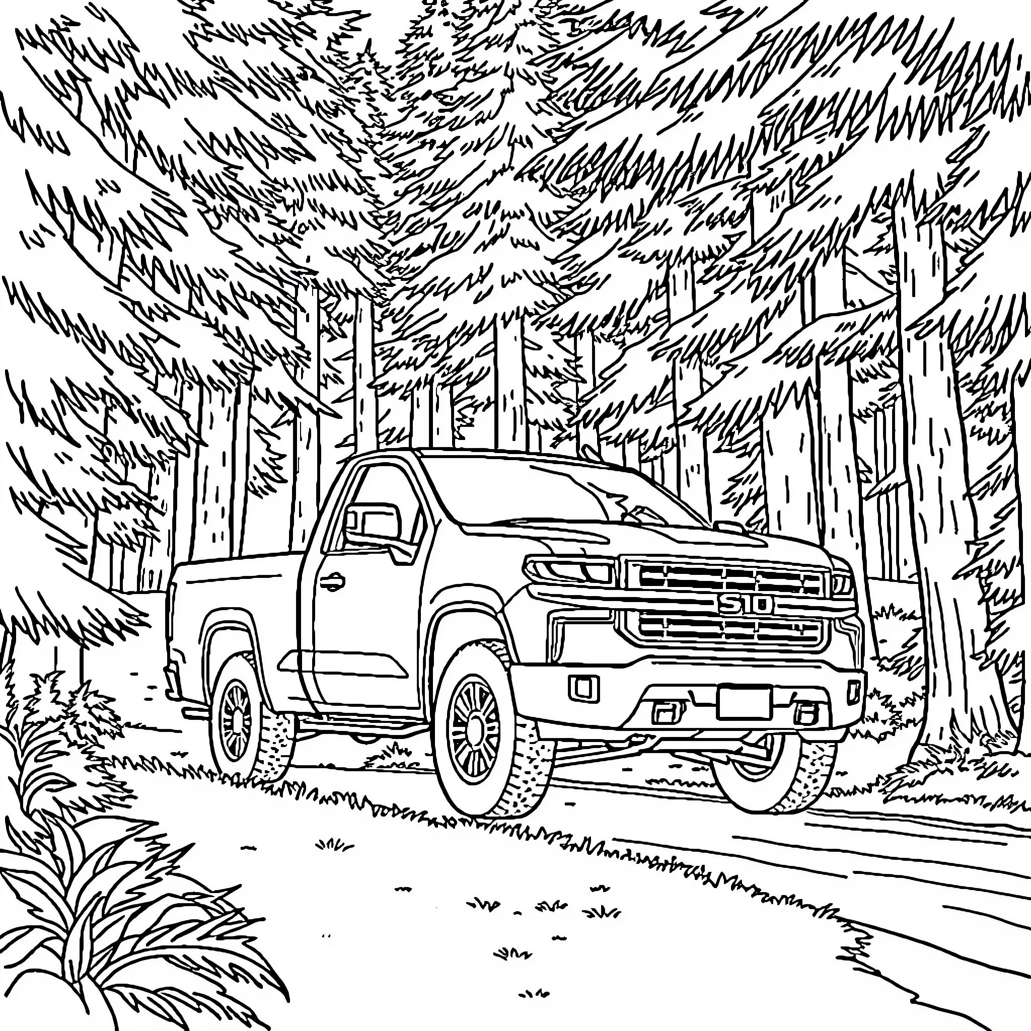 S10 Pickup Truck Exploring Wooded Trail Coloring Page (free black-and-white line drawing printable PDF for all, from beginners to advanced learners, including children, teens, adults, and seniors)