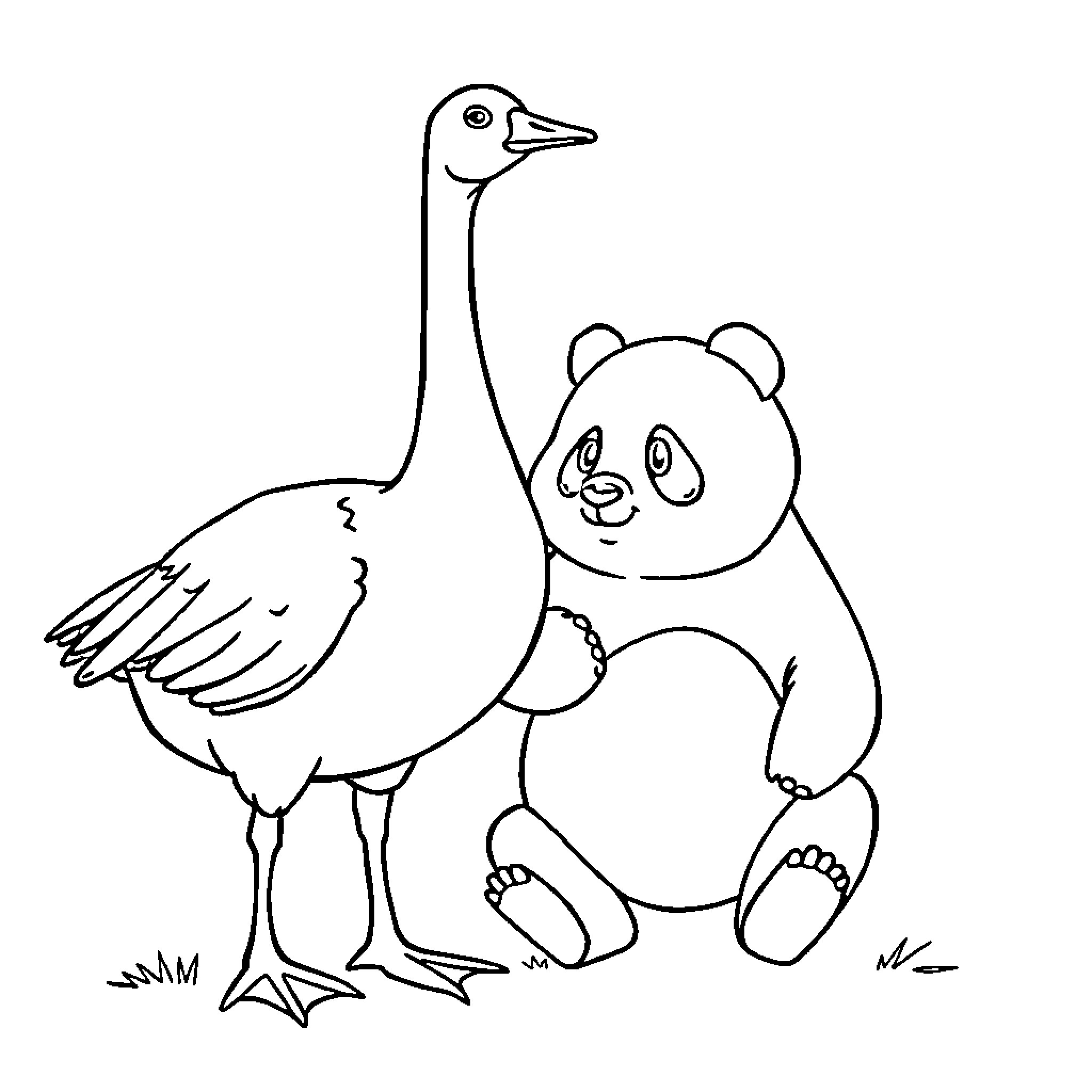 Goose and panda playing together Coloring Page (free black-and-white line drawing printable PDF for all, from beginners to advanced learners, including children, teens, adults, and seniors)