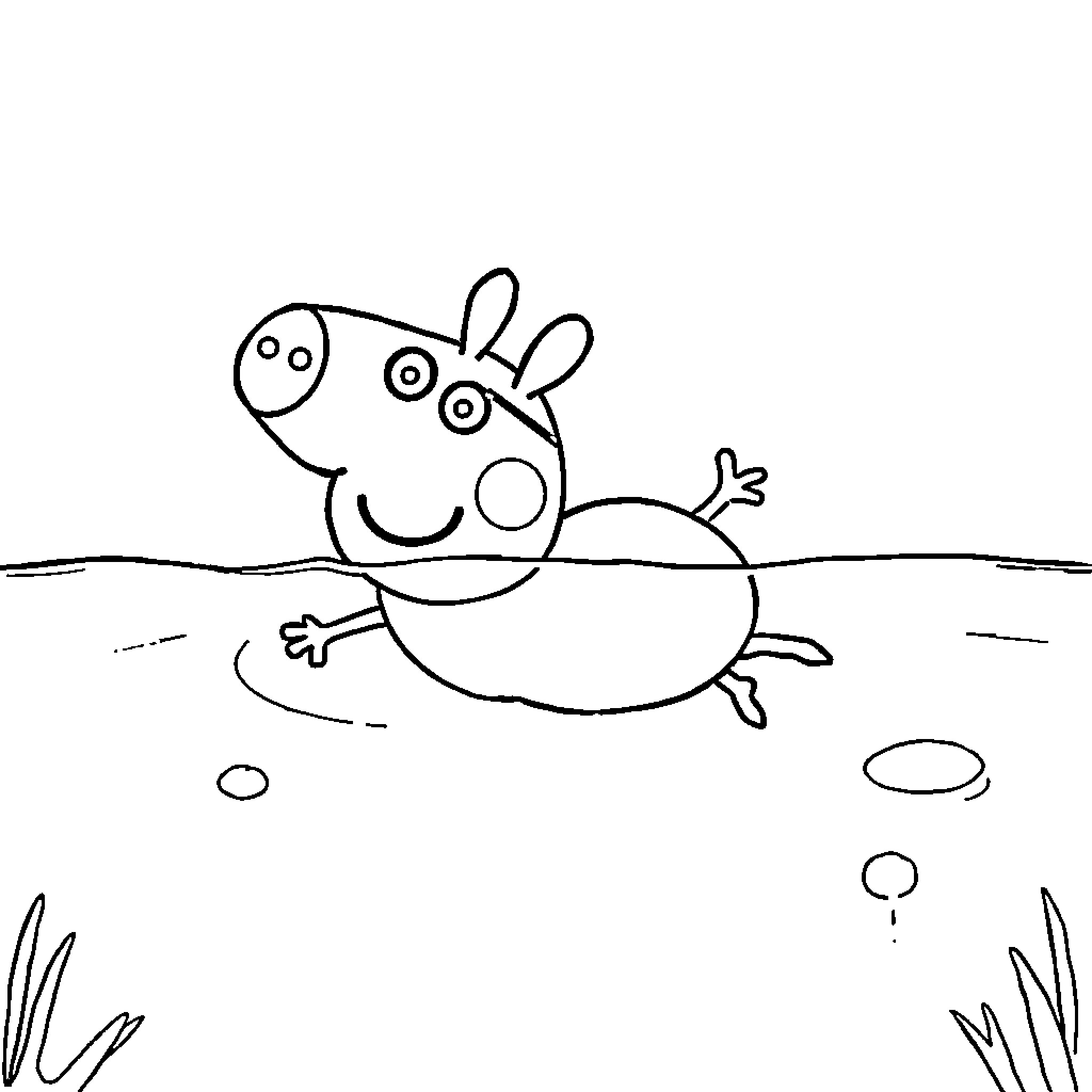 Peppa Pig jumping in puddles Coloring Page (free black-and-white line drawing printable PDF for all, from beginners to advanced learners, including children, teens, adults, and seniors)