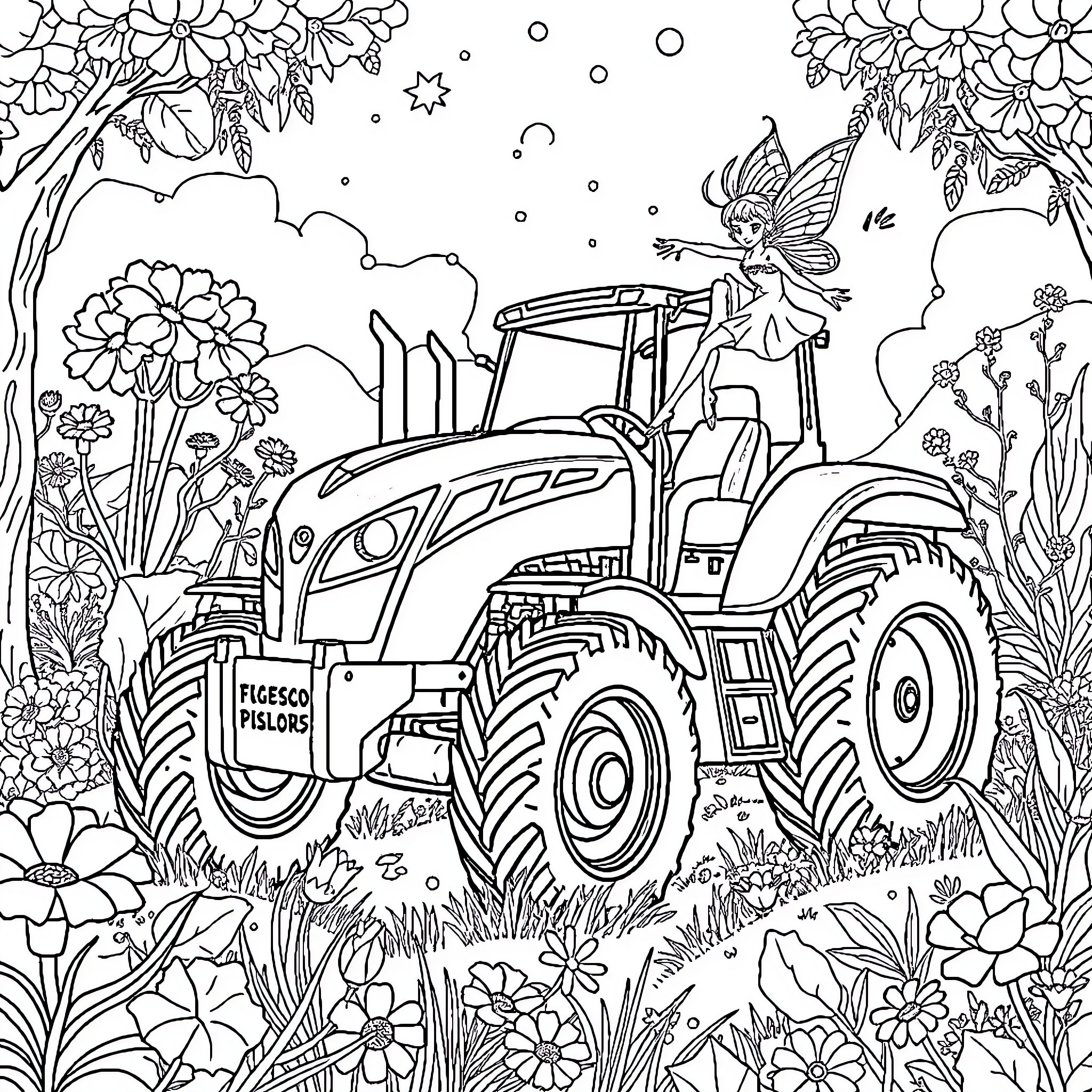 Festive Tractor in Floral Dreamscape Coloring Page (free black-and-white line drawing printable PDF for all, from beginners to advanced learners, including children, teens, adults, and seniors)