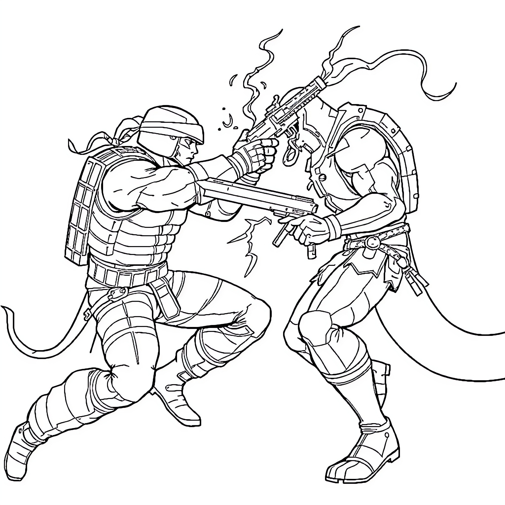 Snake Warriors Engaged in Fierce Combat Coloring Page (free black-and-white line drawing printable PDF for all, from beginners to advanced learners, including children, teens, adults, and seniors)