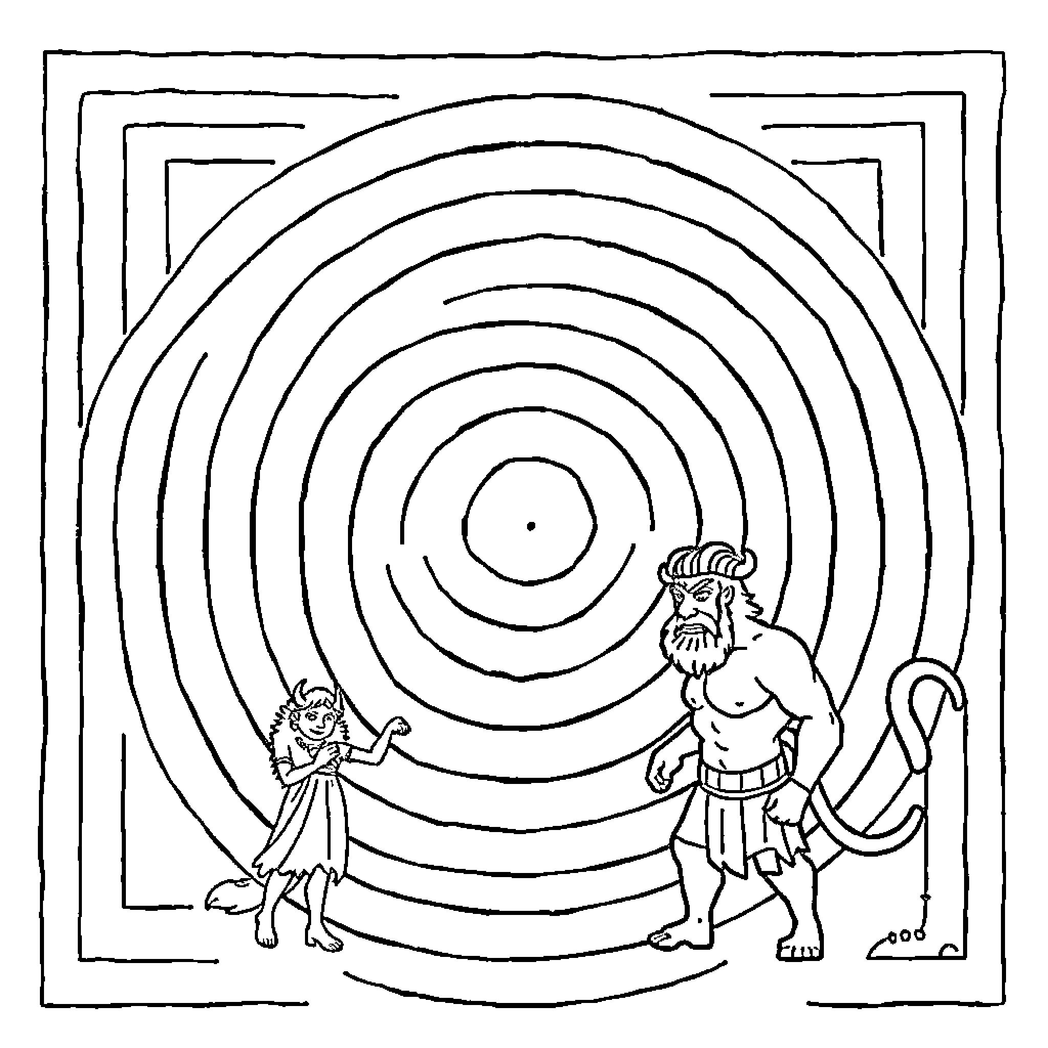 Labyrinth of Mythical Creatures Coloring Page (free black-and-white line drawing printable PDF for all, from beginners to advanced learners, including children, teens, adults, and seniors)