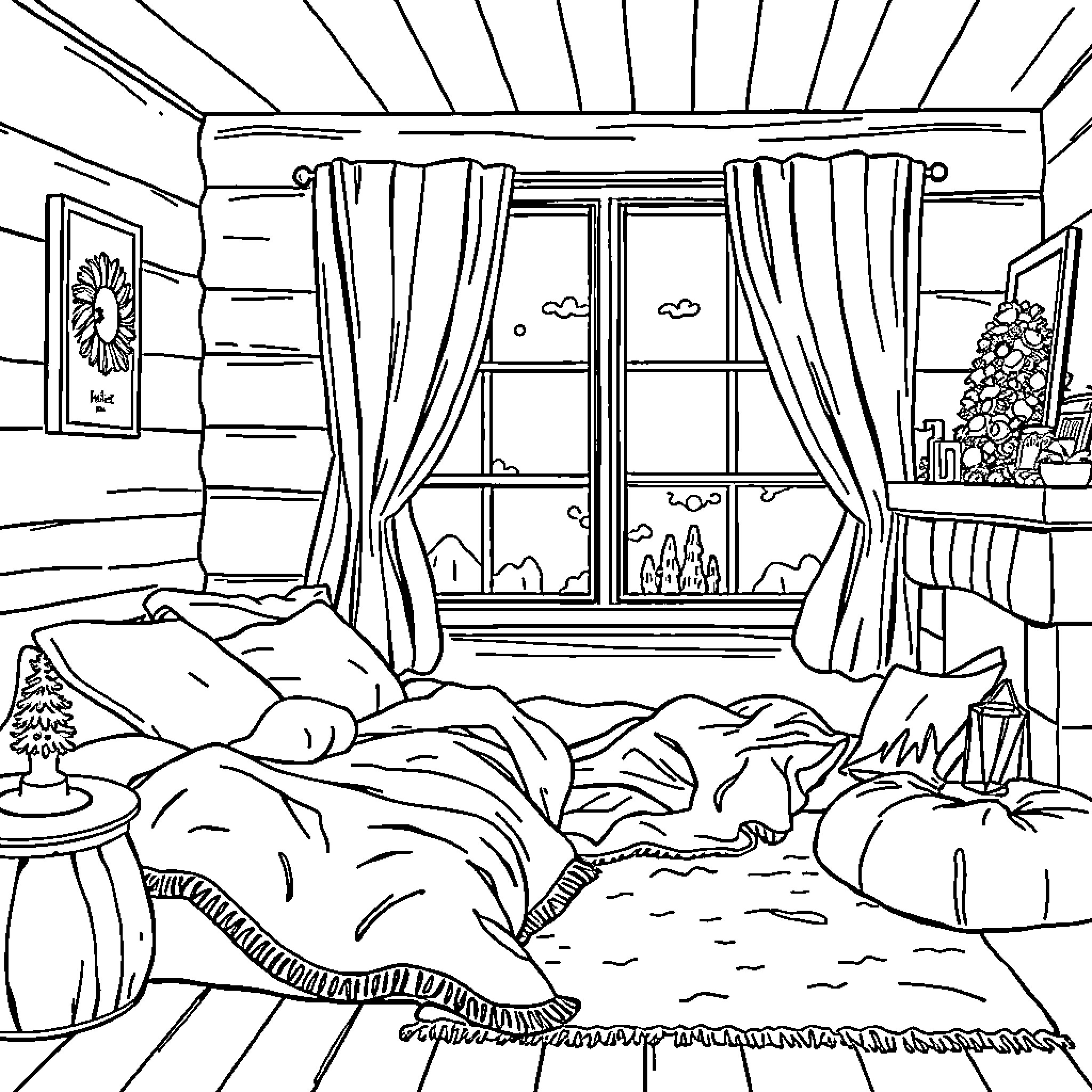 Cozy Cabin Comforts: A Tranquil Escape Coloring Page (free black-and-white line drawing printable PDF for all, from beginners to advanced learners, including children, teens, adults, and seniors)