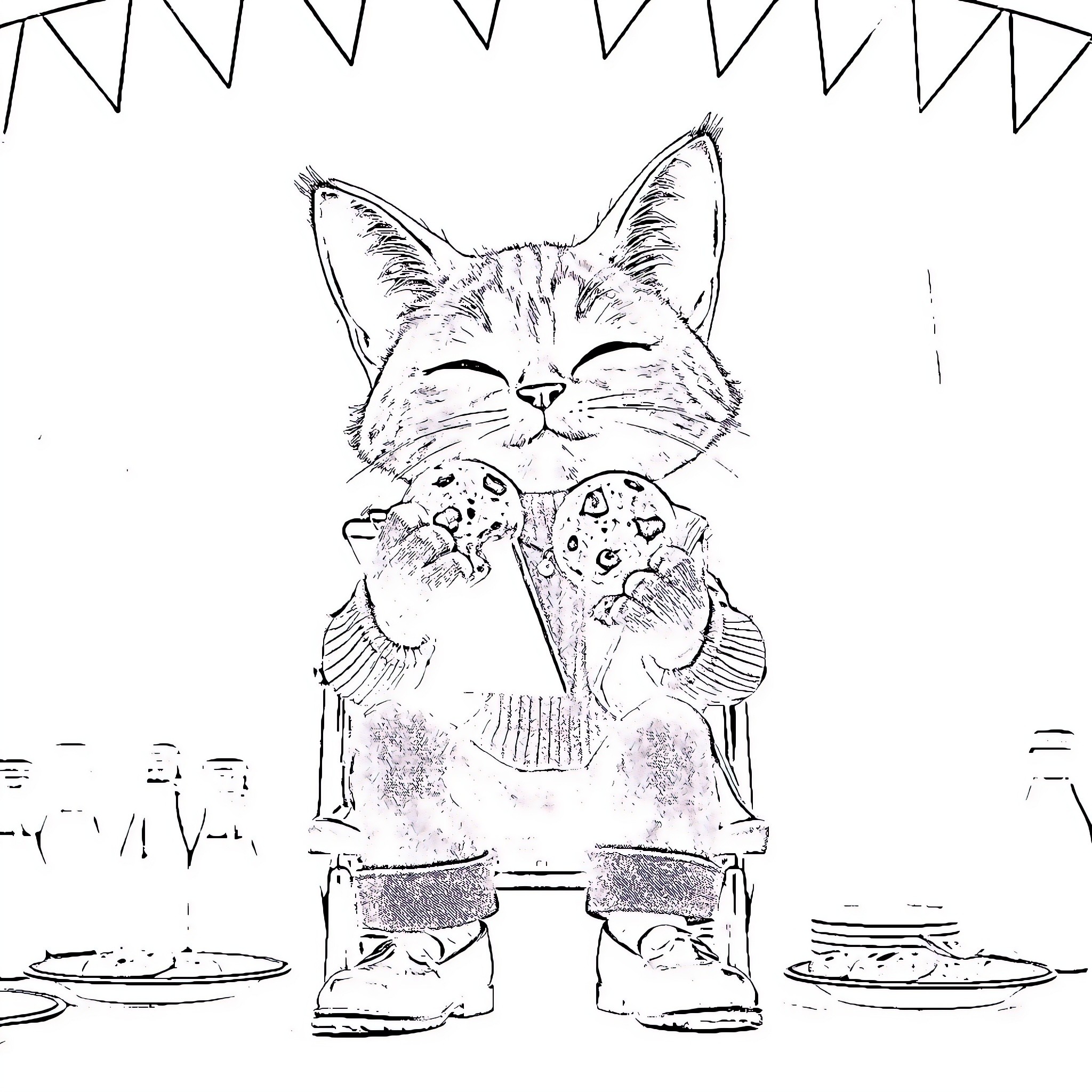 Cat enjoying a cozy party with treats Coloring Page (free black-and-white line drawing printable PDF for all, from beginners to advanced learners, including children, teens, adults, and seniors)