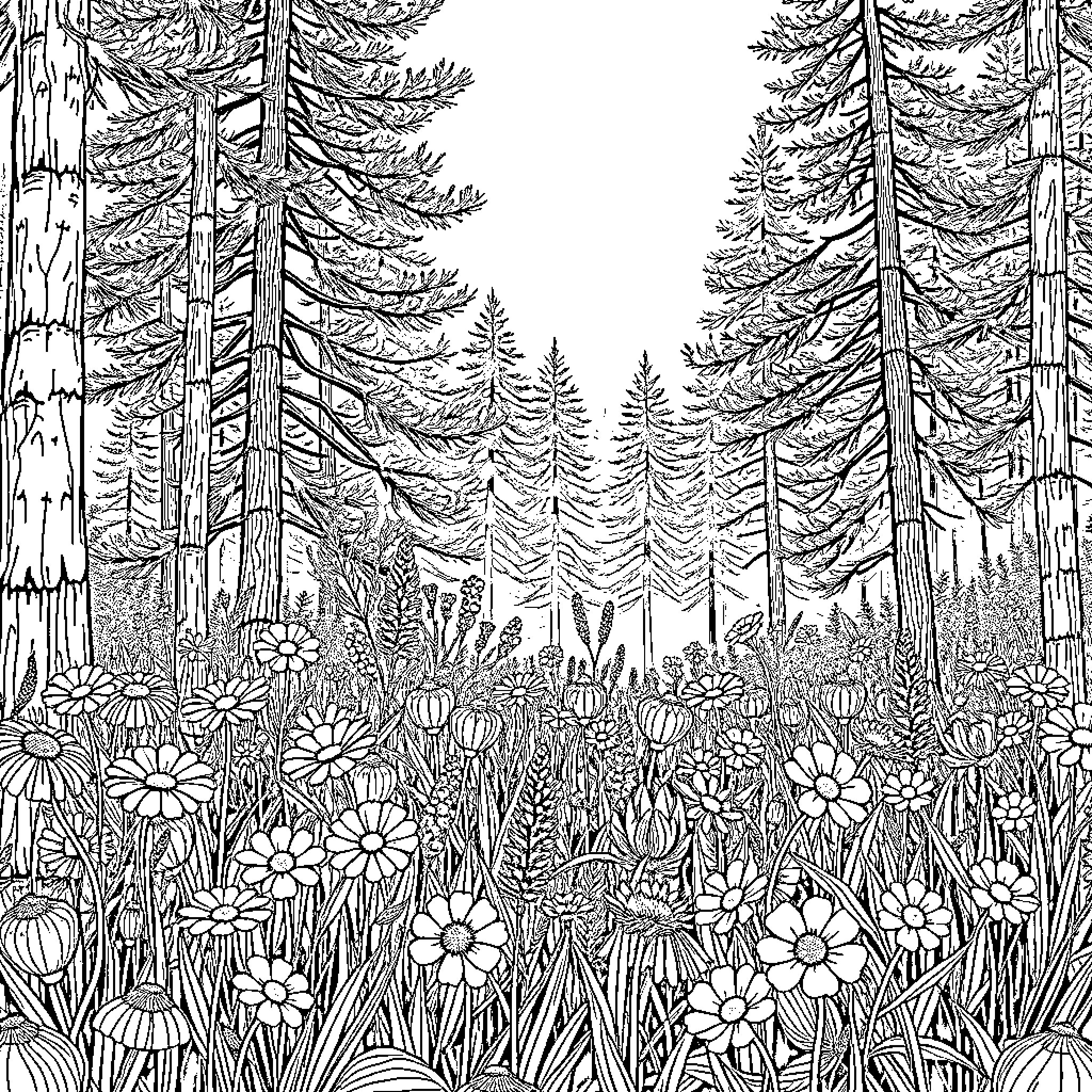 Wildflower Meadow in the Serene Forest Coloring Page (free black-and-white line drawing printable PDF for all, from beginners to advanced learners, including children, teens, adults, and seniors)