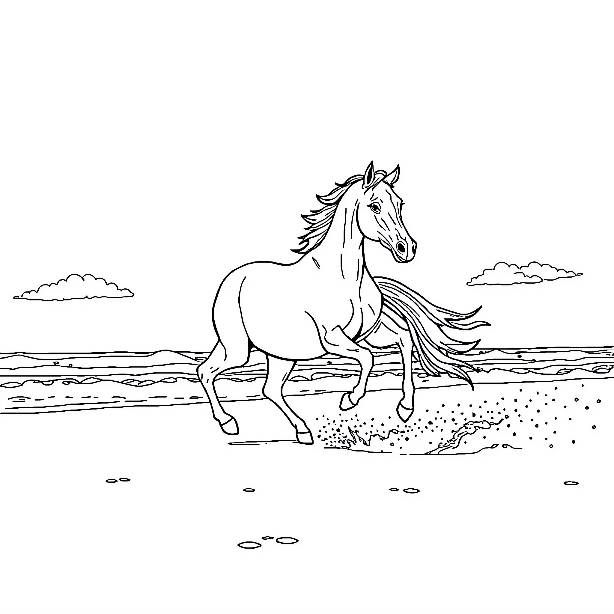 Horse running freely on the beach Coloring Page (free black-and-white line drawing printable PDF for all, from beginners to advanced learners, including children, teens, adults, and seniors)