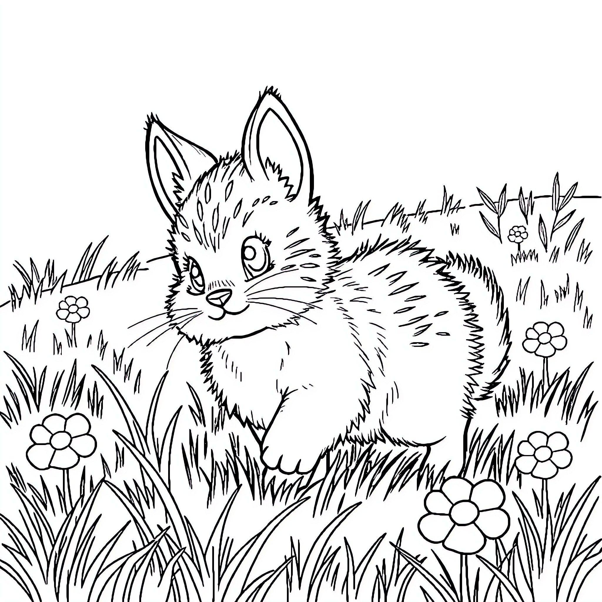 Kelinci exploring the lush meadow Coloring Page (free black-and-white line drawing printable PDF for all, from beginners to advanced learners, including children, teens, adults, and seniors)