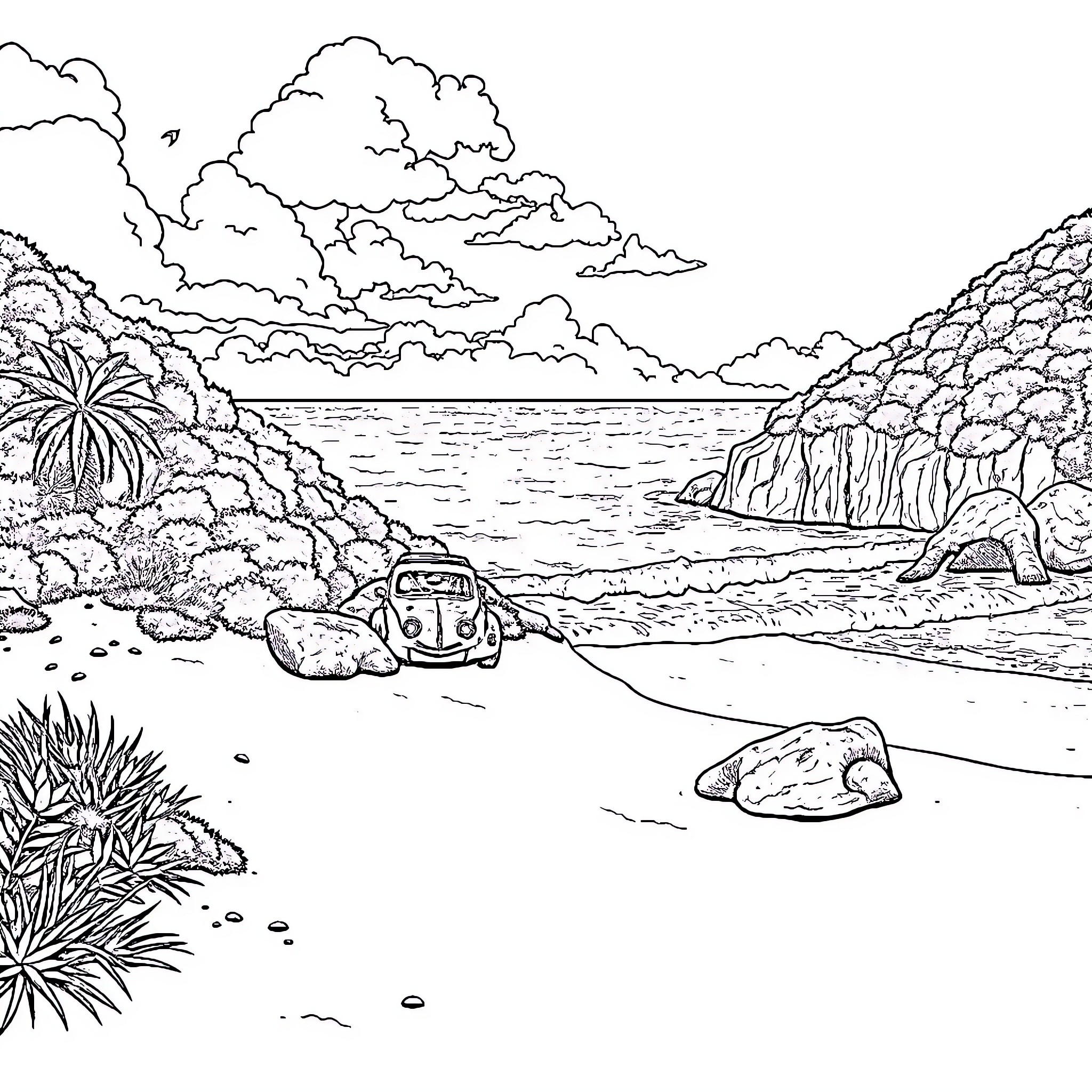 Nature scene of a peaceful coastal landscape Coloring Page (free black-and-white line drawing printable PDF for all, from beginners to advanced learners, including children, teens, adults, and seniors)