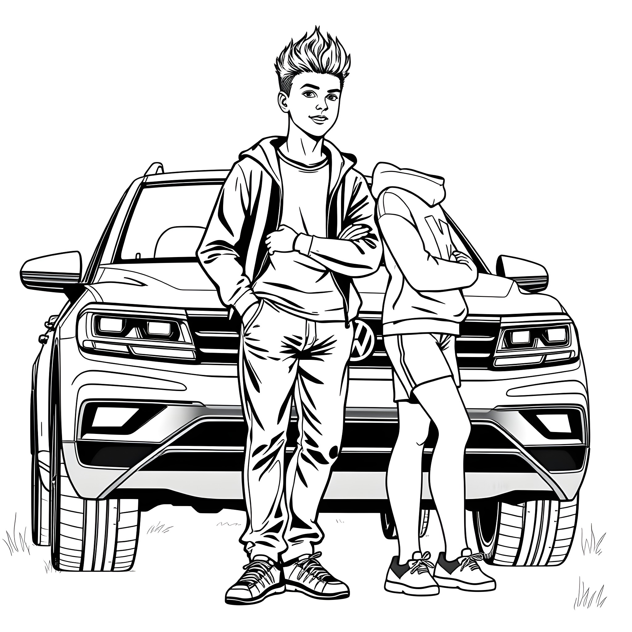 Teen friends enjoy time outside with their vehicle Coloring Page (free black-and-white line drawing printable PDF for all, from beginners to advanced learners, including children, teens, adults, and seniors)