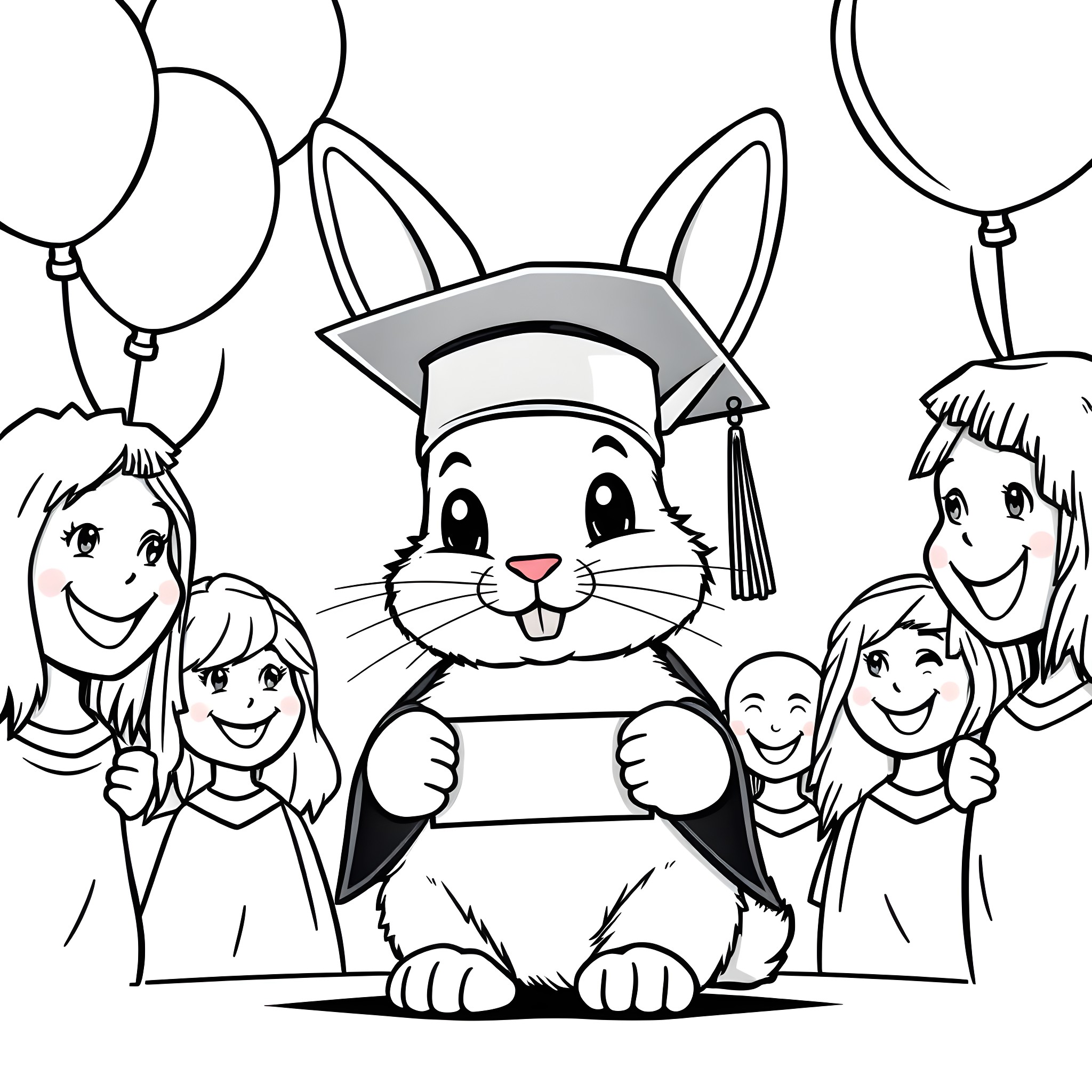 Bunny Graduates with Students Coloring Page (free black-and-white line drawing printable PDF for all, from beginners to advanced learners, including children, teens, adults, and seniors)